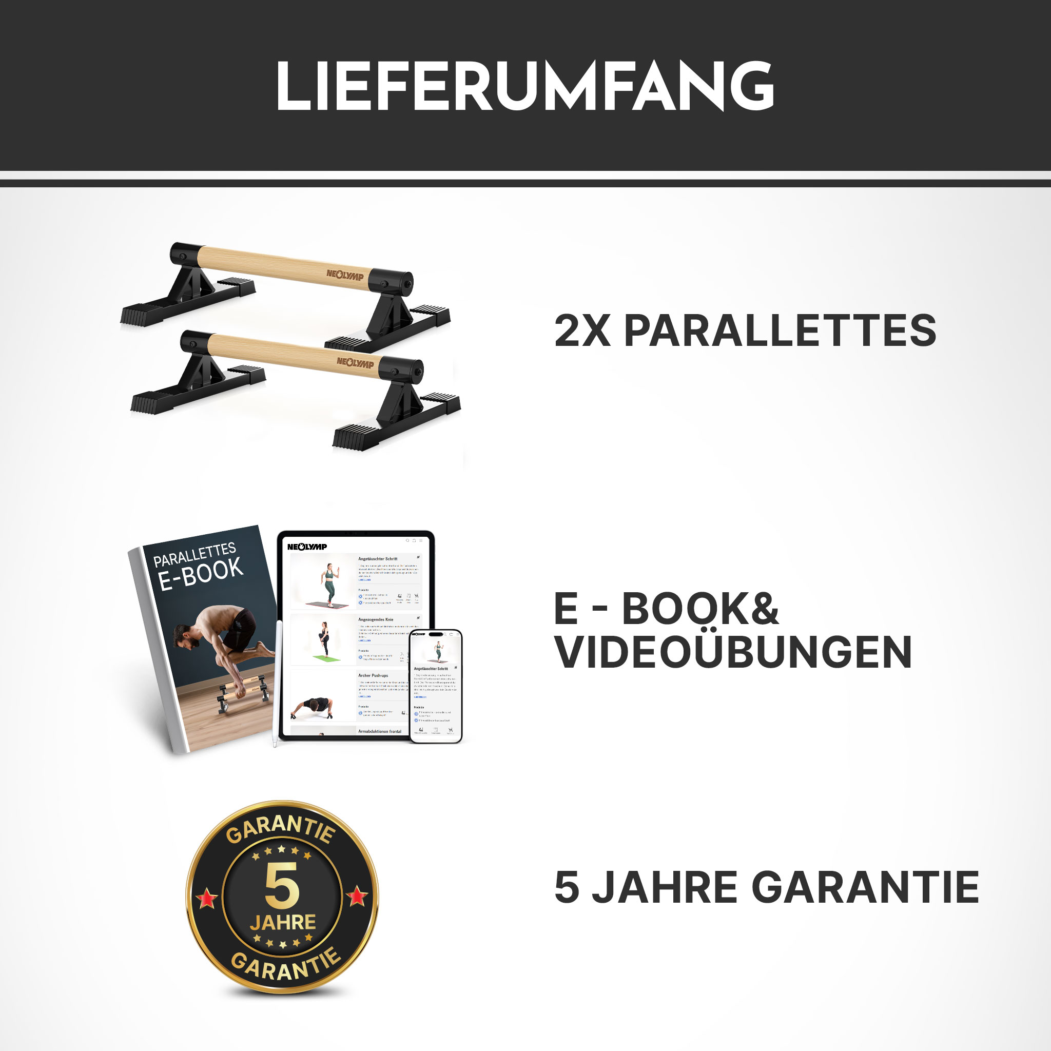 Lieferumfang: 2 Paar Parallelbarren, E-Book, Videoübungen und 5 Jahre Garantie.