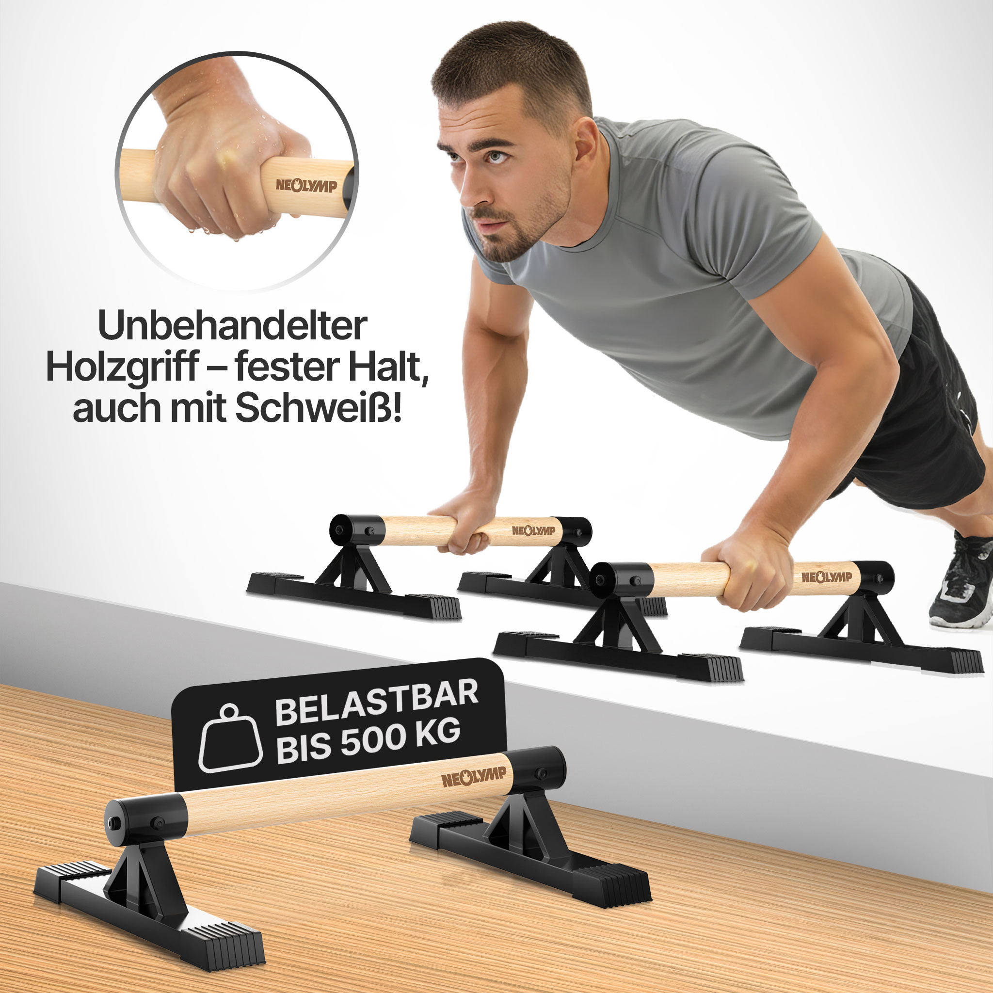 Mann macht Liegestütze auf Holzgriffen mit schwarzer Basis. Belastbar bis 500 kg.