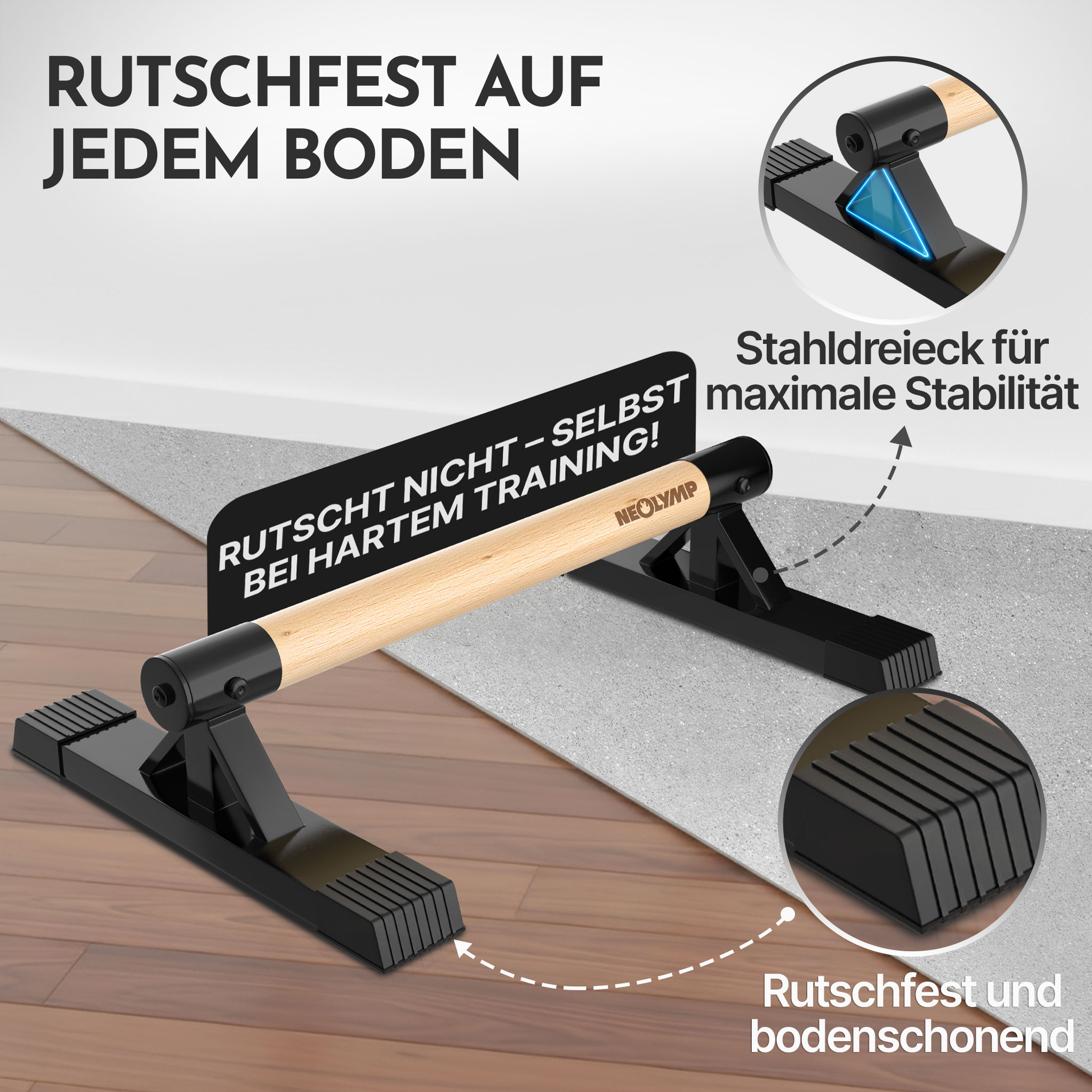 Ein Paar Liegestützgriffe aus Holz und schwarzem Metall auf einem Teppich.