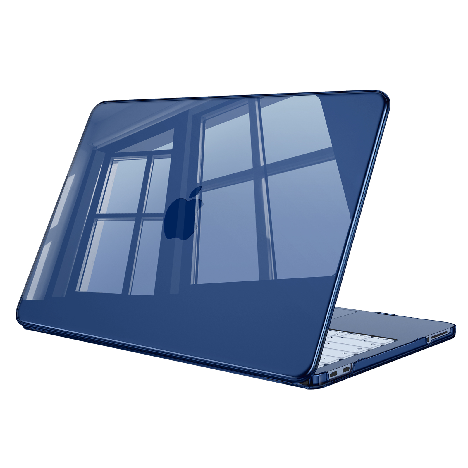 Ein dunkelblauer Laptop-Schutz mit einem Apple-Logo auf dem Deckel.