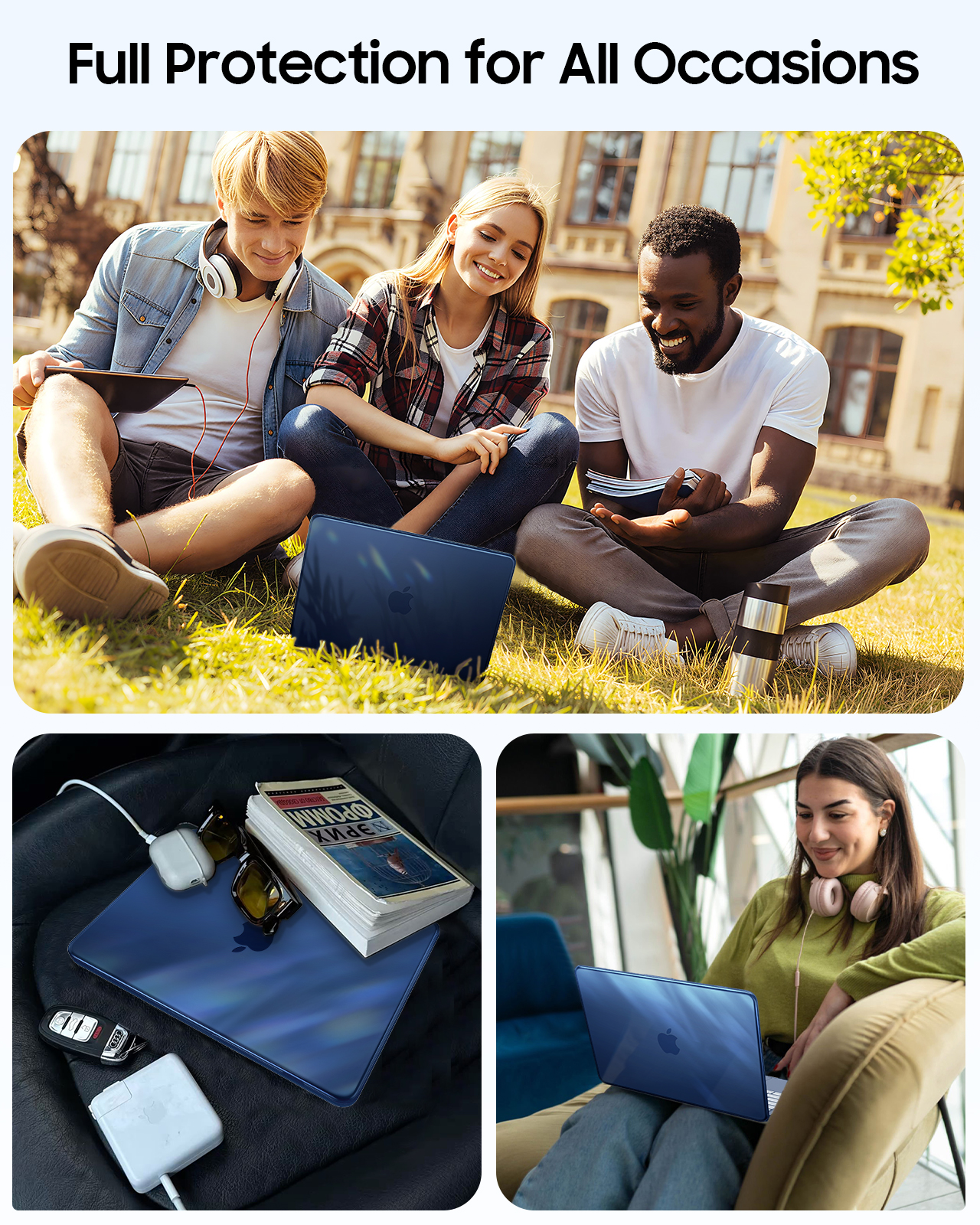 Drei junge Leute genießen den Tag im Freien mit Laptops und Büchern.