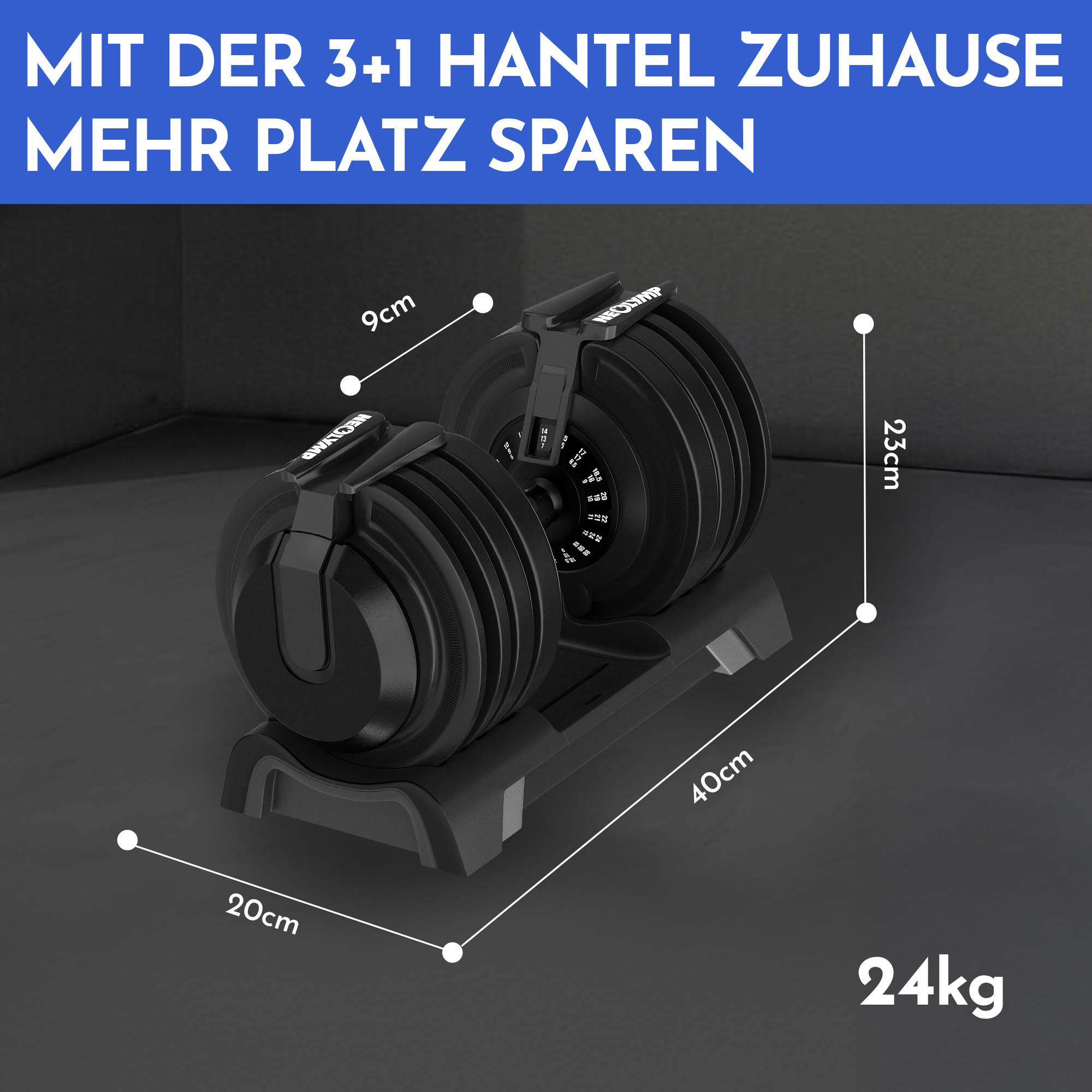 Verstellbare Hanteln mit Maßen 20x9x23cm, 24kg Gesamtgewicht.