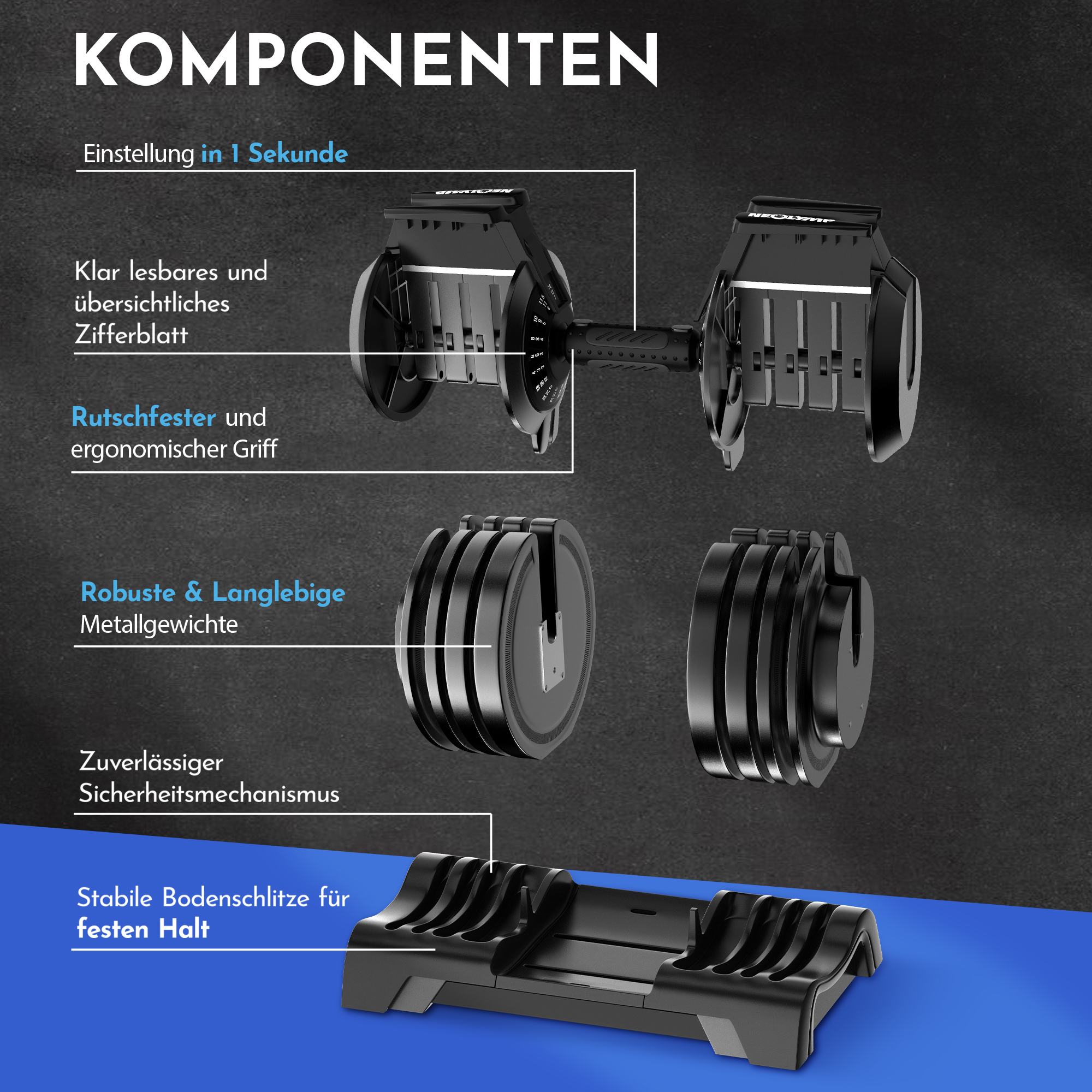 Verstellbare Hantel mit Gewichten und Basisstation, schwarzes Design.