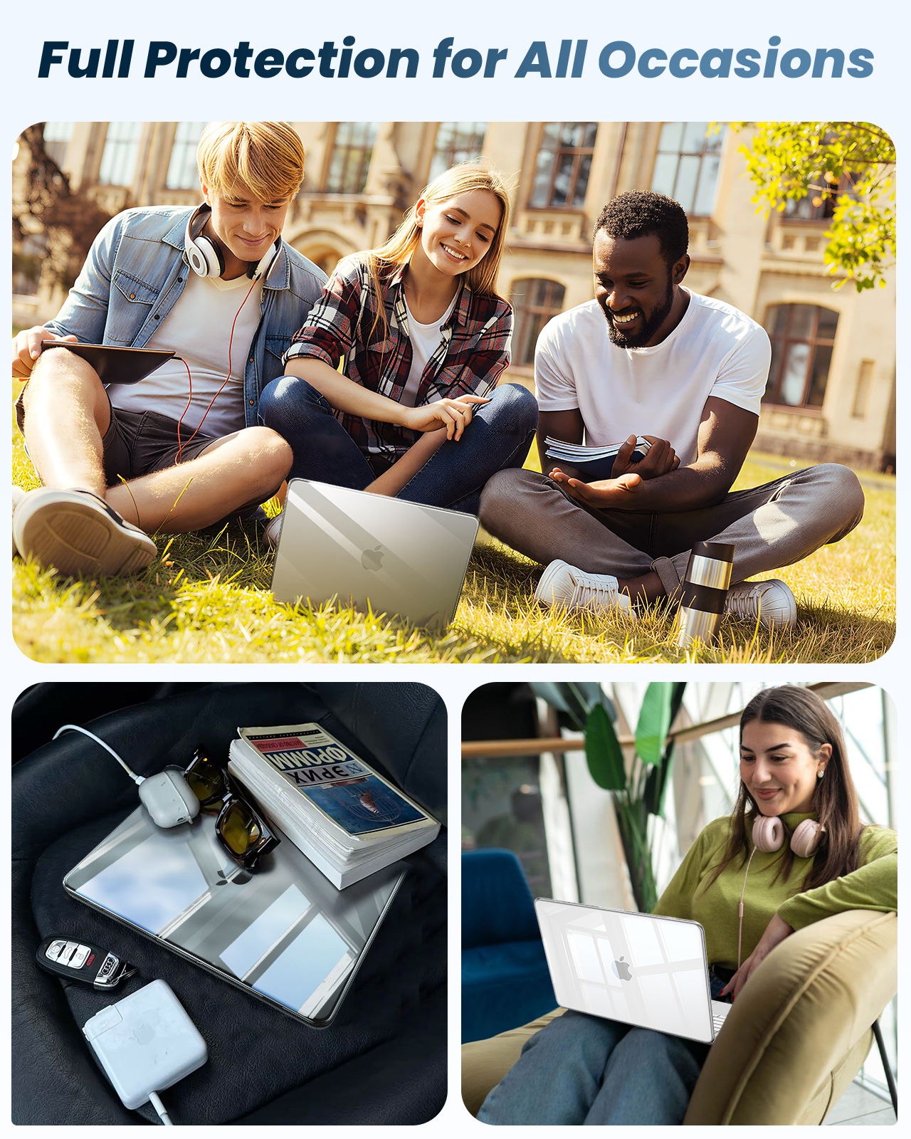 Drei junge Leute sitzen im Gras vor einem Gebäude. Ein Laptop liegt auf dem Gras.