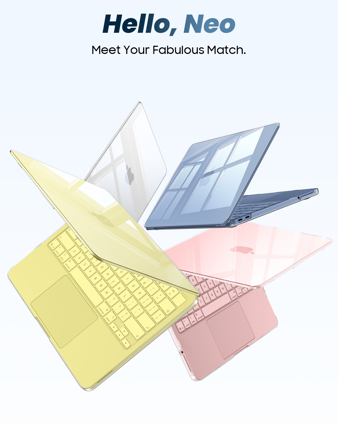 Vier Laptops in Gelb, Rosa, Blau und Weiß schweben.
