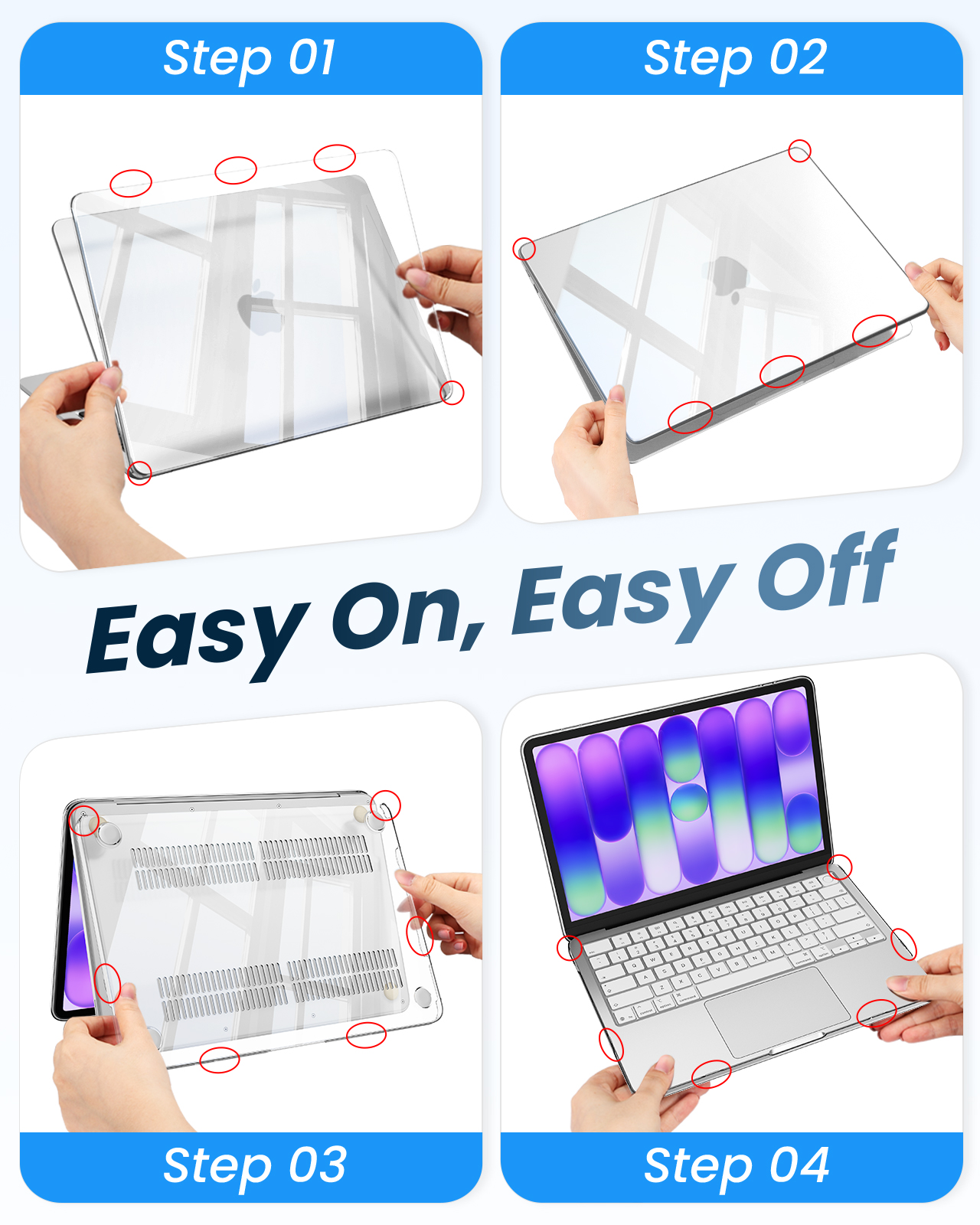 Schritte 1-4 zeigen, wie eine durchsichtige Laptop-Hülle angebracht wird.