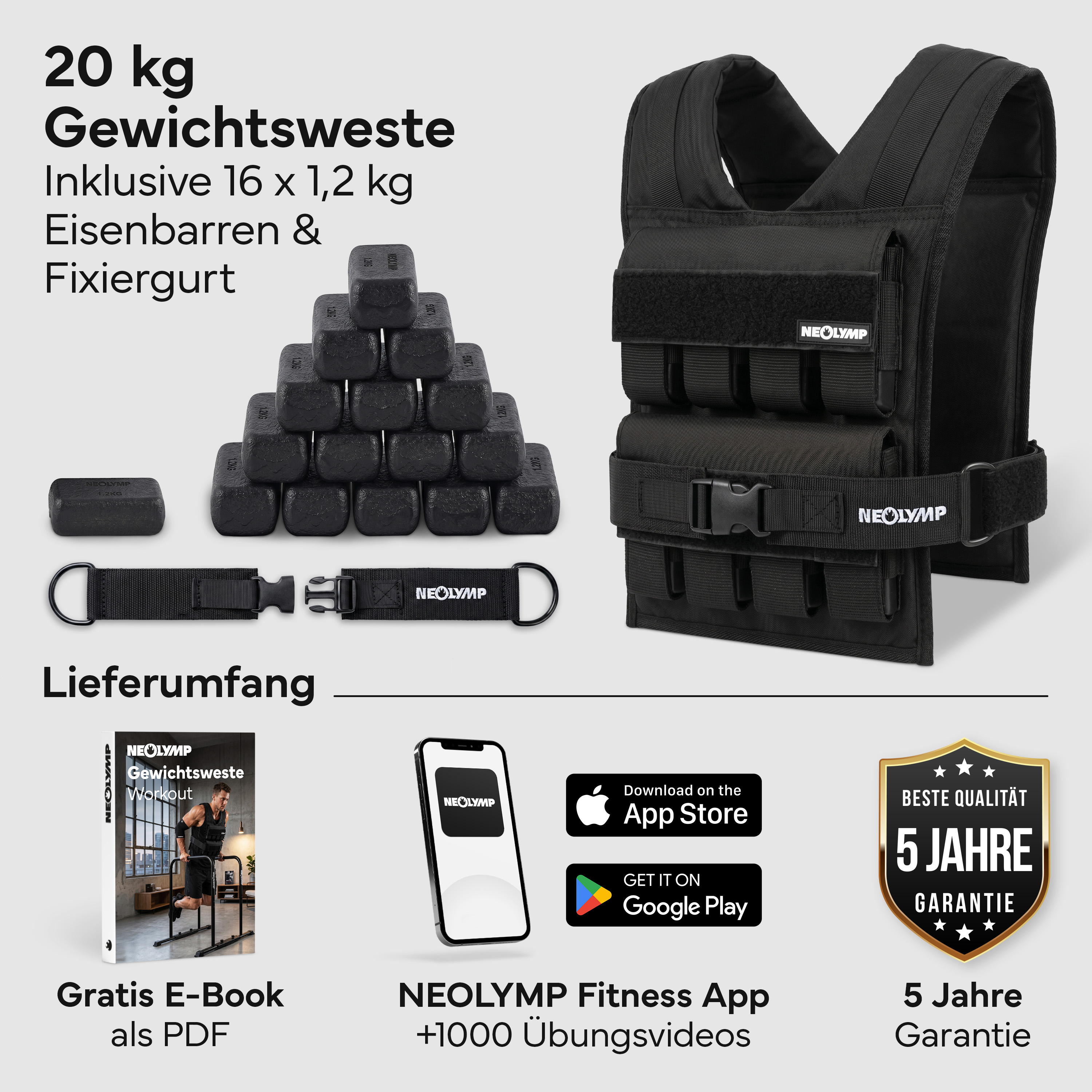 Schwarze Gewichtsweste mit 16 Eisenstäben, E-Book, App & 5 Jahre Garantie.