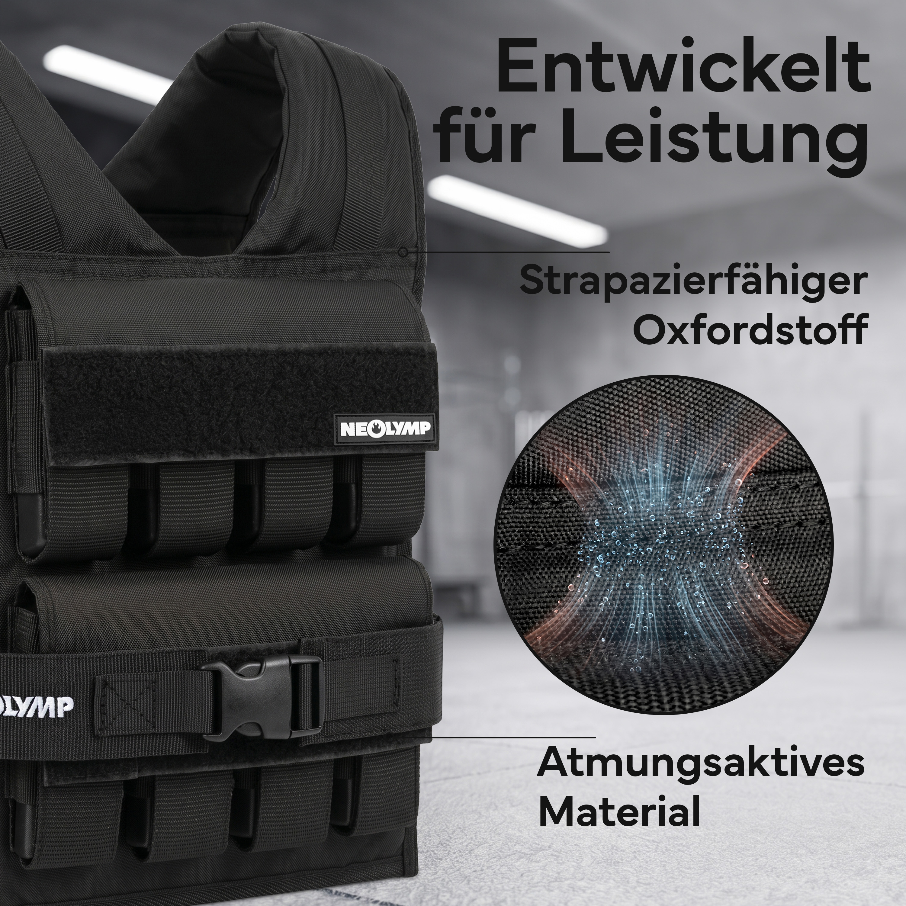 Schwarze Gewichtsweste mit Taschen und Schnalle, atmungsaktiv.