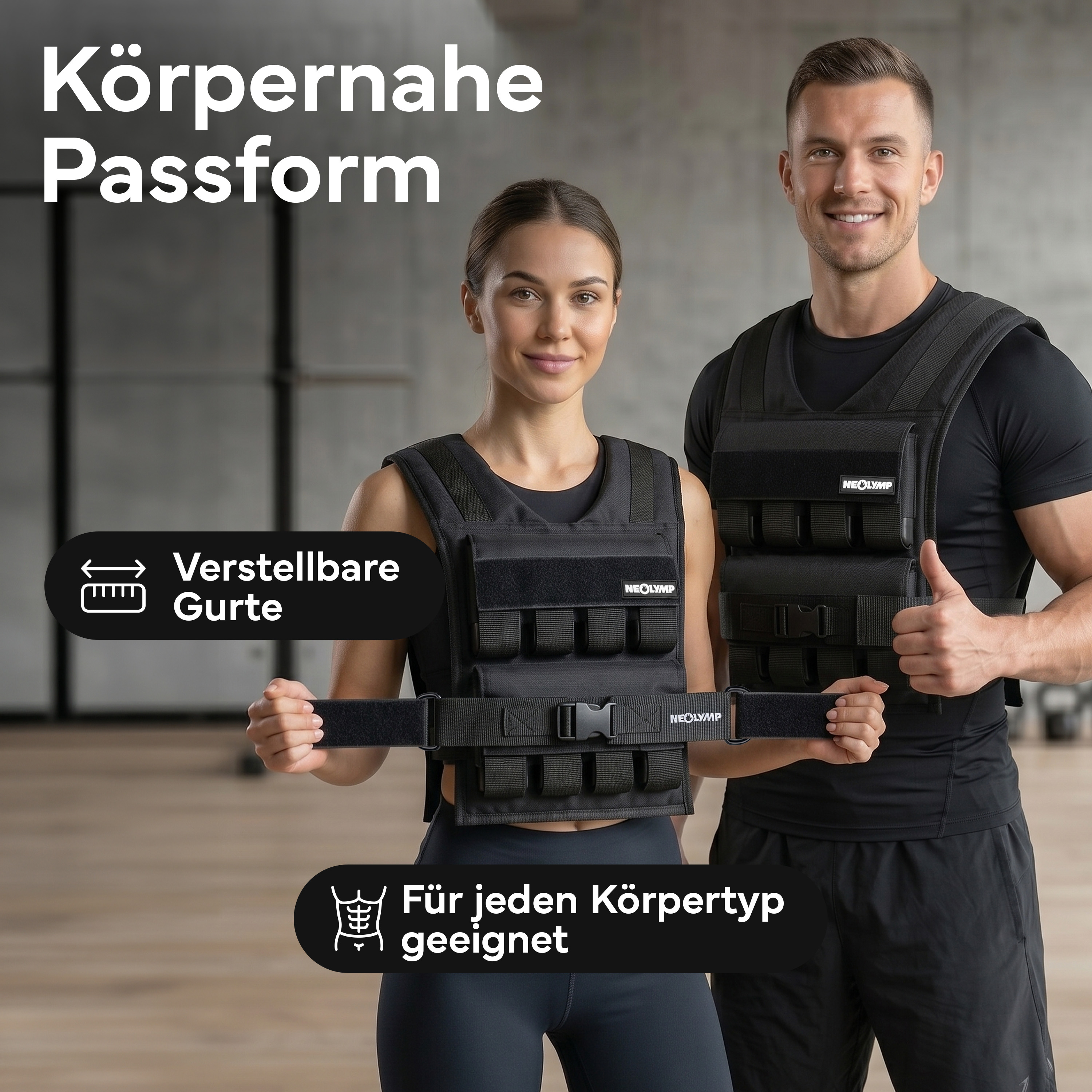 Mann und Frau tragen schwarze Gewichtewesten in einem Fitnessstudio. Verstellbare Gurte.