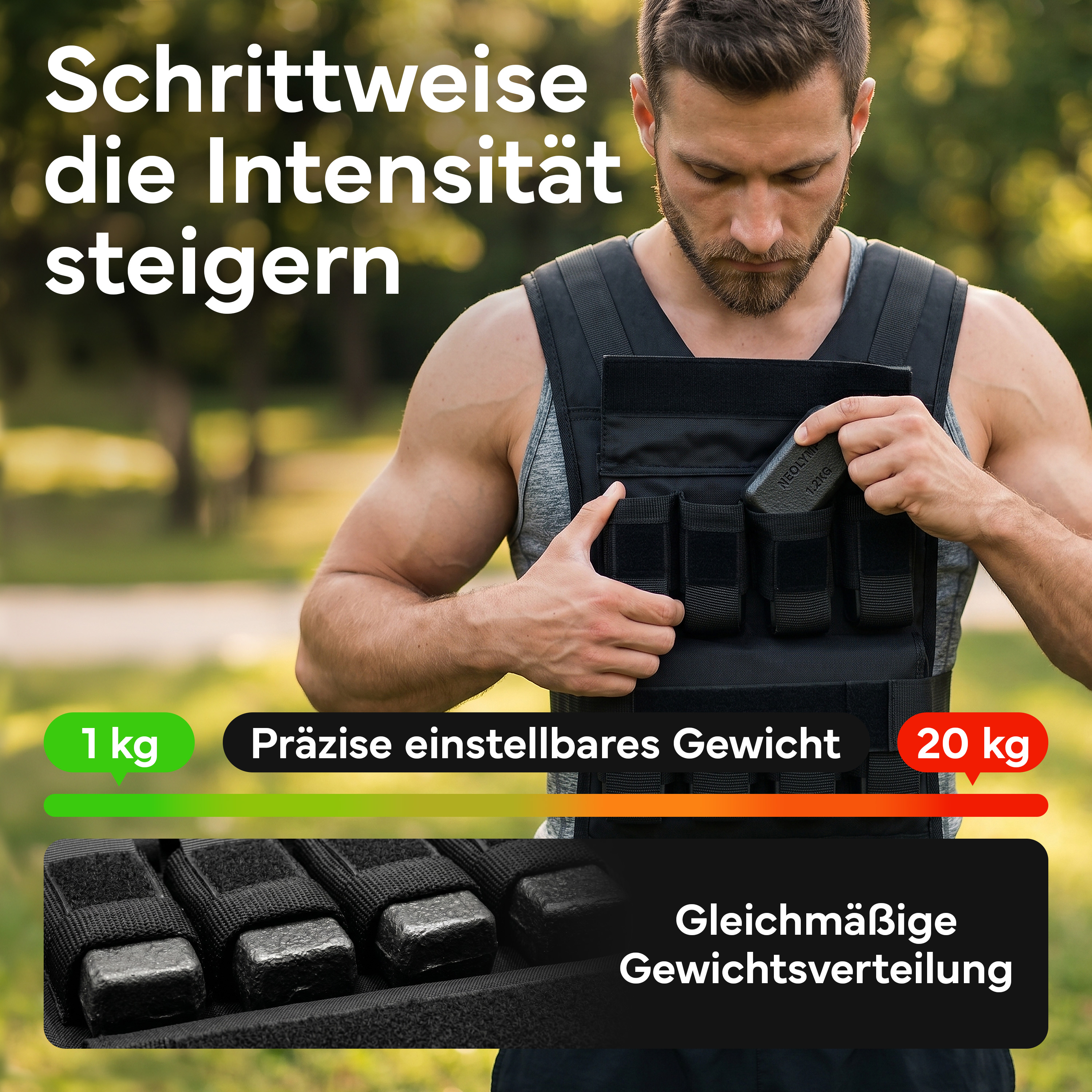 Mann mit Gewichtsweste und Gewichten, steigert Intensität.