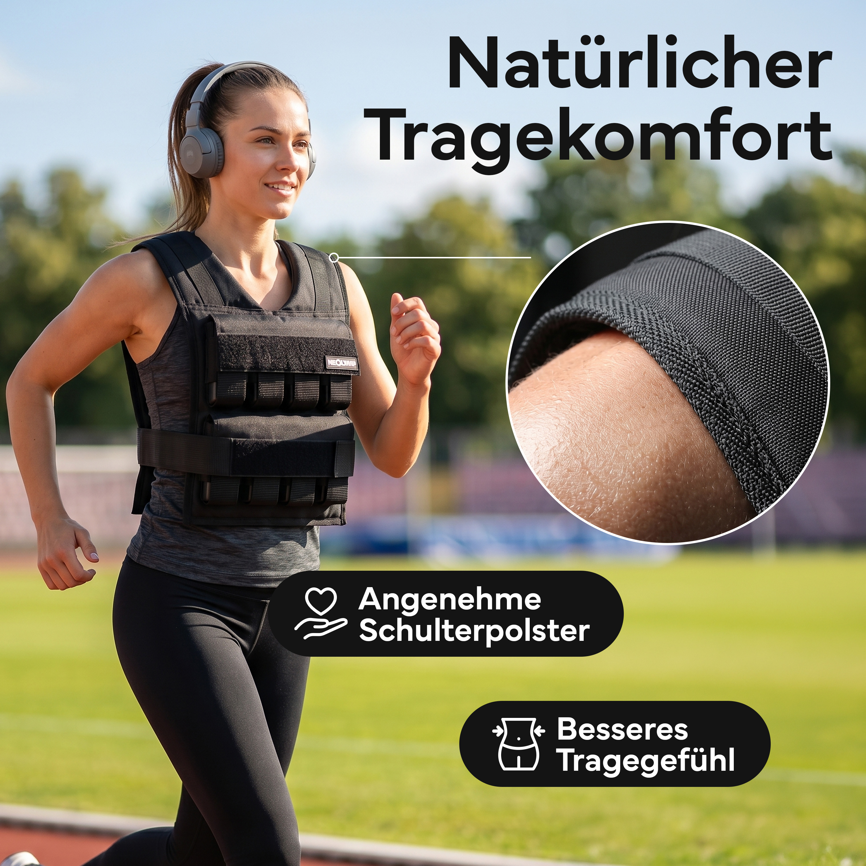 Eine Frau mit Kopfhörern läuft auf einer Laufbahn, trägt eine Gewichtsbandage.