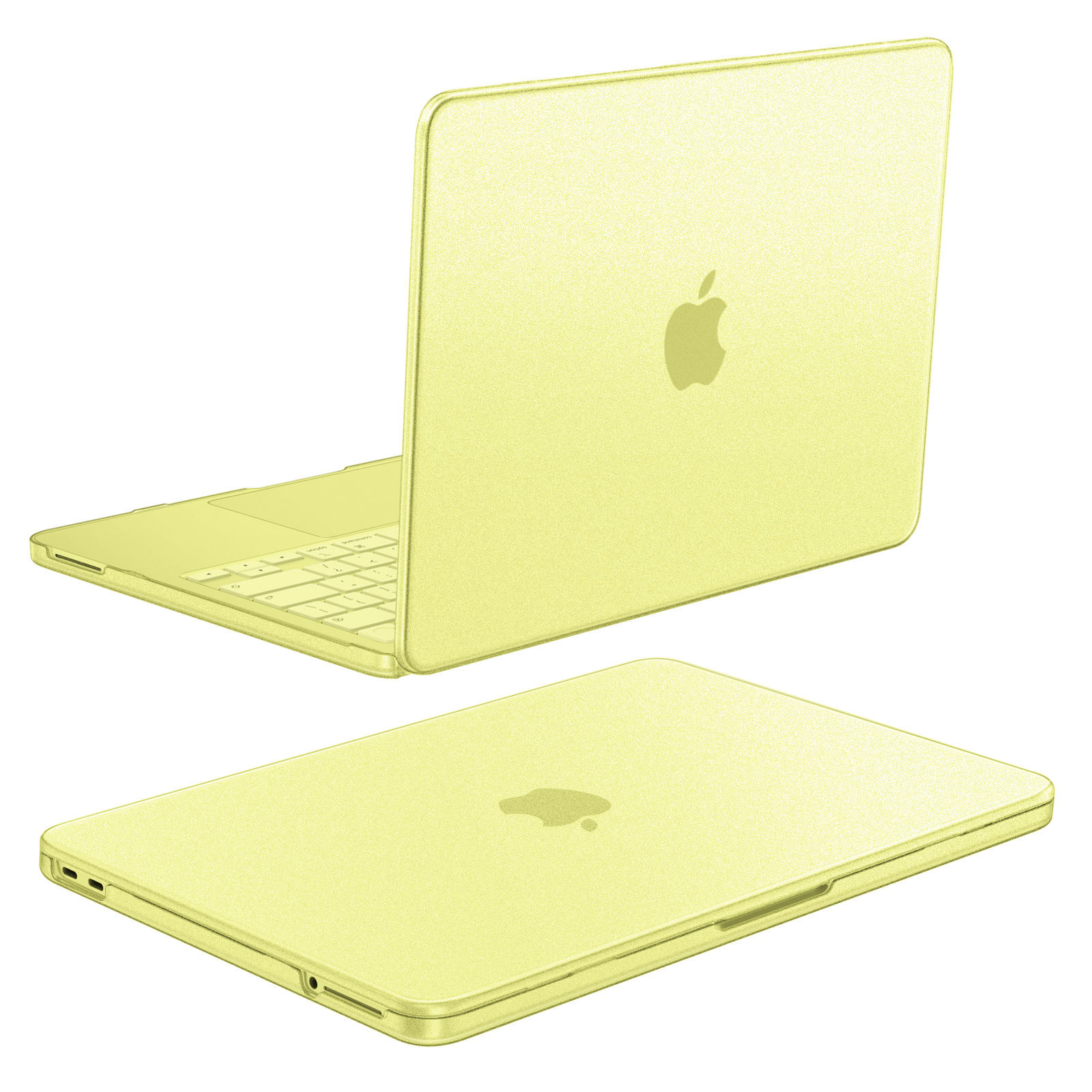 Ein hellgelbes MacBook mit Apple-Logo, eines offen, eines geschlossen.