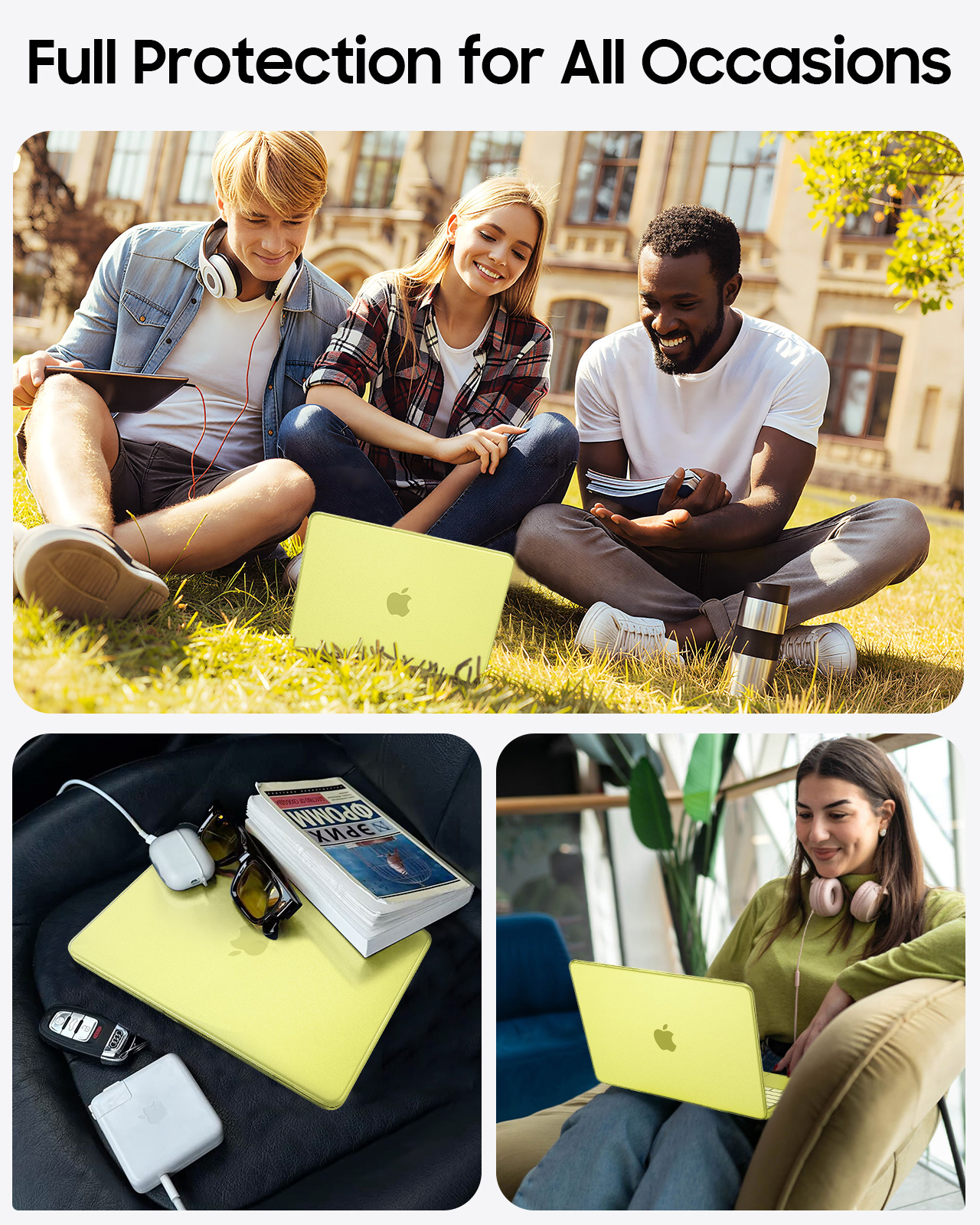 Drei junge Leute sitzen im Gras; ein gelber Laptop liegt daneben.