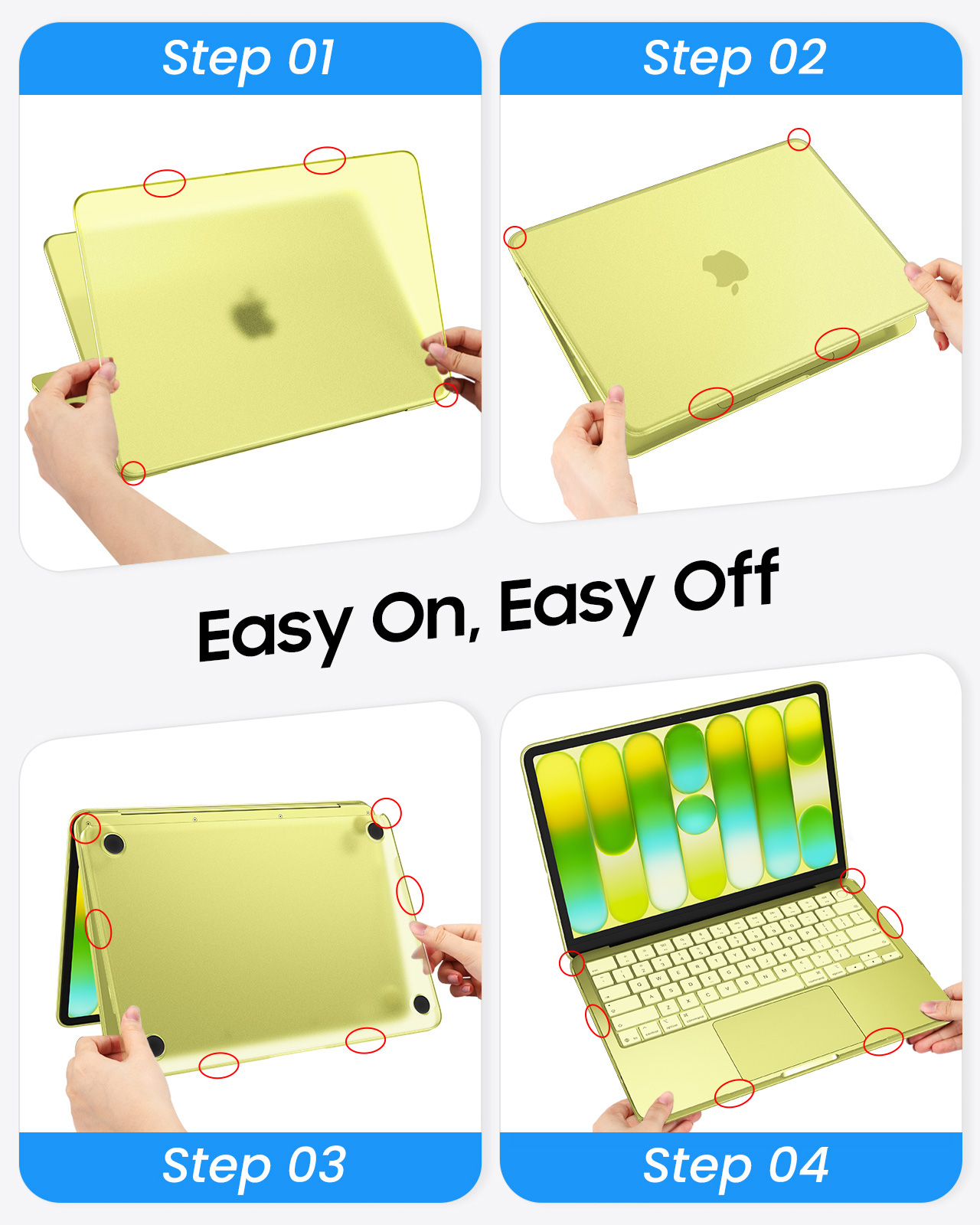 Anleitung zum Anbringen einer Hülle an einem Laptop, vier Schritte