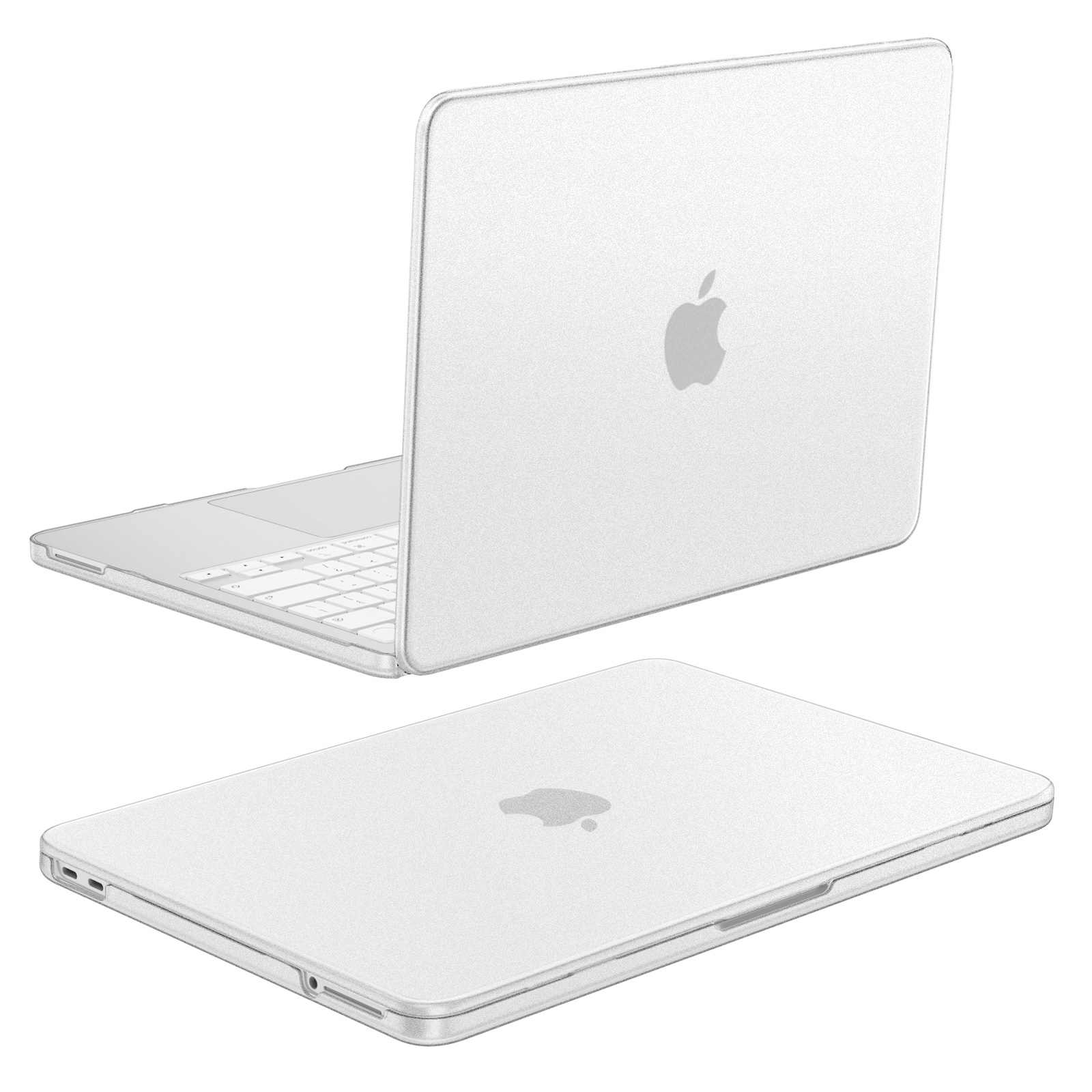Ein weißer Laptop mit einem Apple-Logo, einmal geöffnet und einmal geschlossen.