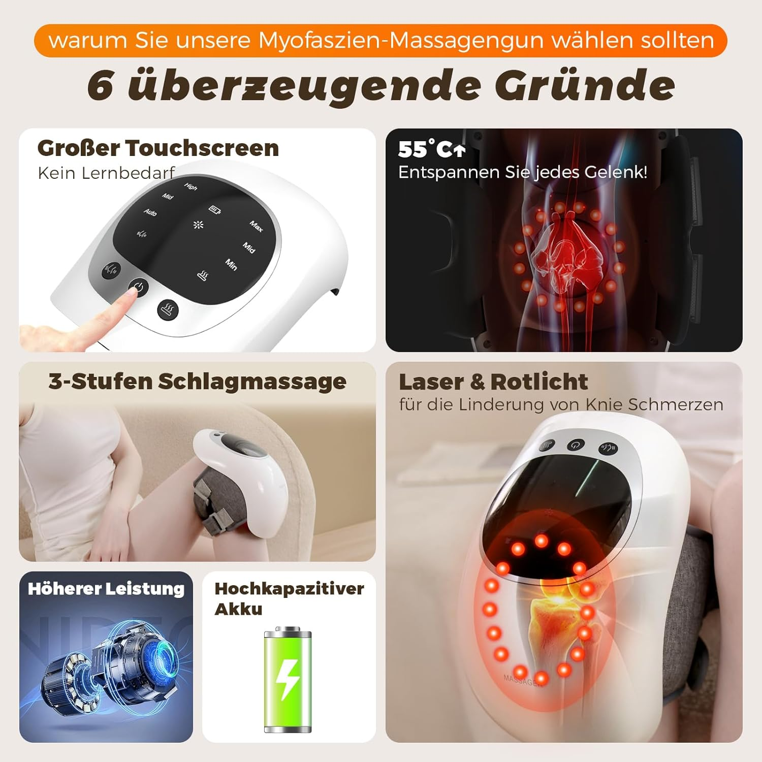 Massagepistole mit Touchscreen, 55°C Wärme, 3 Stufen, Laser & Rotlicht für Knie.