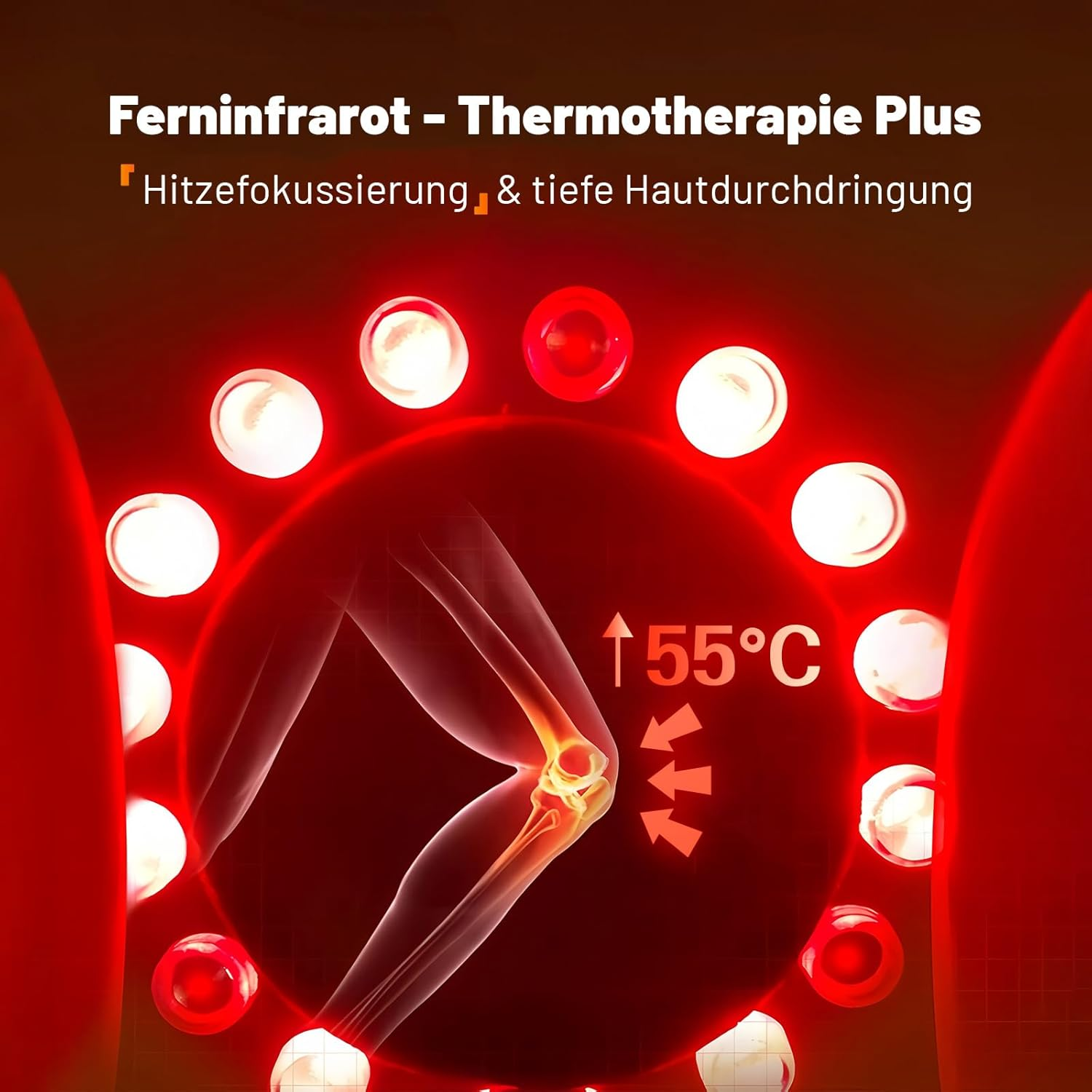 Nahaufnahme eines menschlichen Knies, das von roten Infrarotlichtern umgeben ist, die 55°C anzeigen.