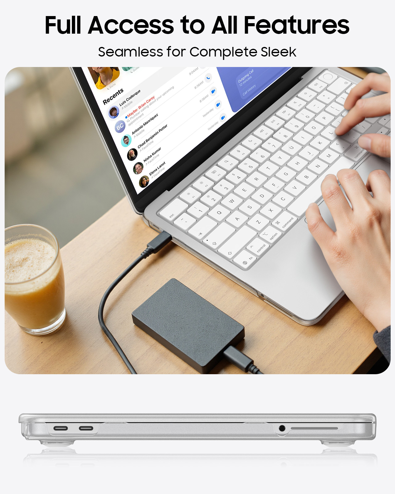 Ein Laptop mit Tastatur, Maus und einem Glas Getränk daneben. Ein externes Laufwerk ist angeschlossen.