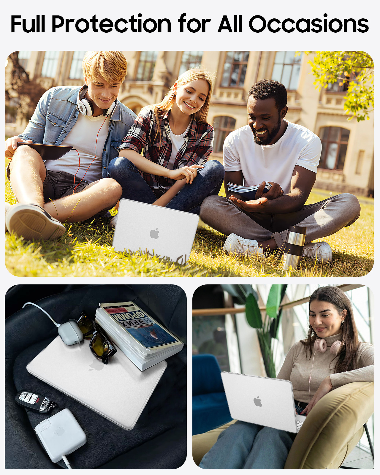 Drei junge Leute sitzen im Gras vor einem Gebäude, Laptops und Bücher. Zwei Detailaufnahmen zeigen einen Laptop mit Zubehör im Auto und eine Frau mit Laptop.