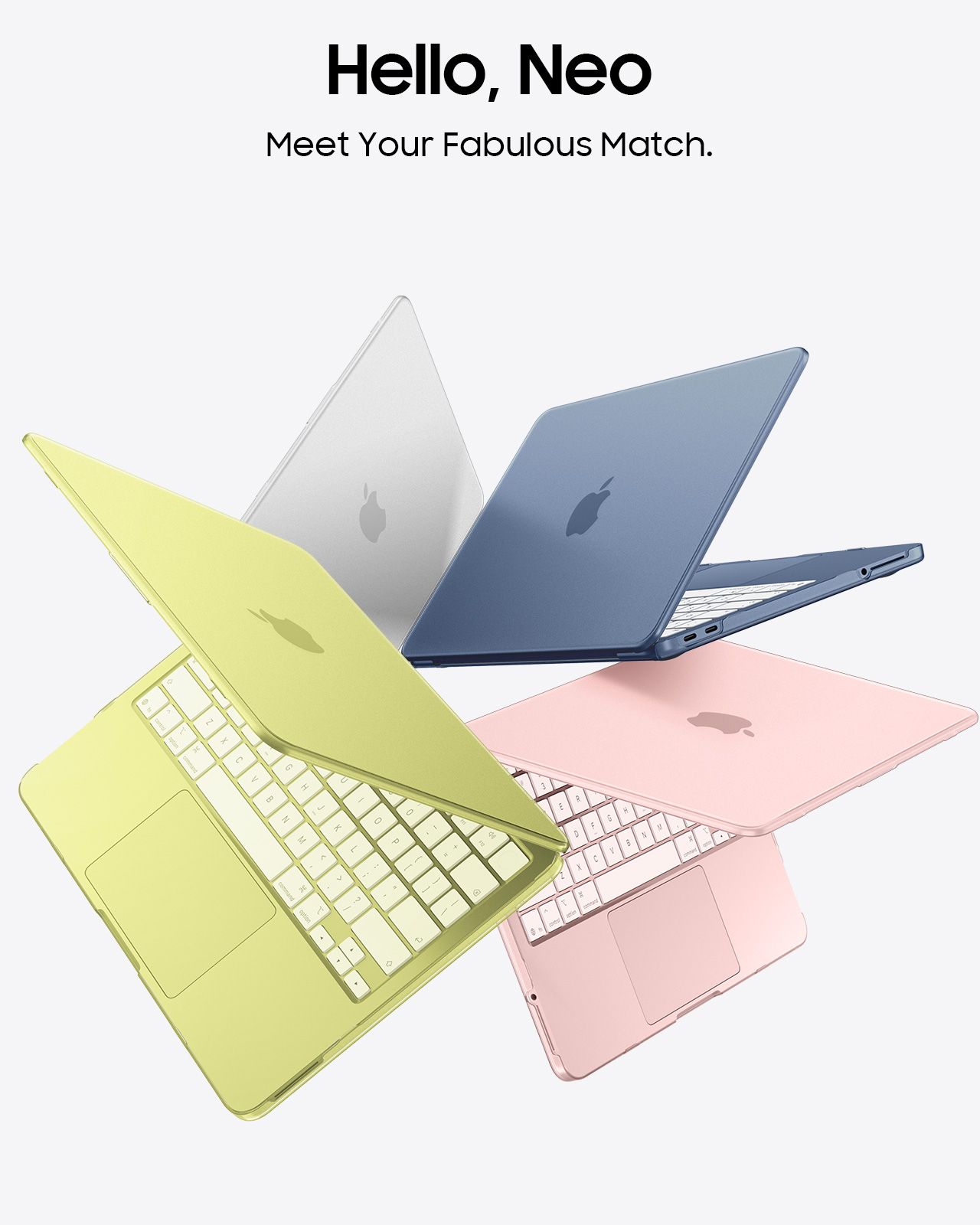 Vier Apple Laptops in Pastellfarben: Gelb, Blau, Rosa und Weiß.