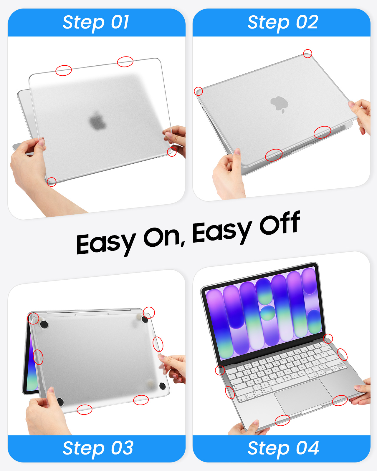 Schritte 1-4: Anbringen einer Schutzhülle an einem MacBook. Zeigt das Aufsetzen und Abnehmen.
