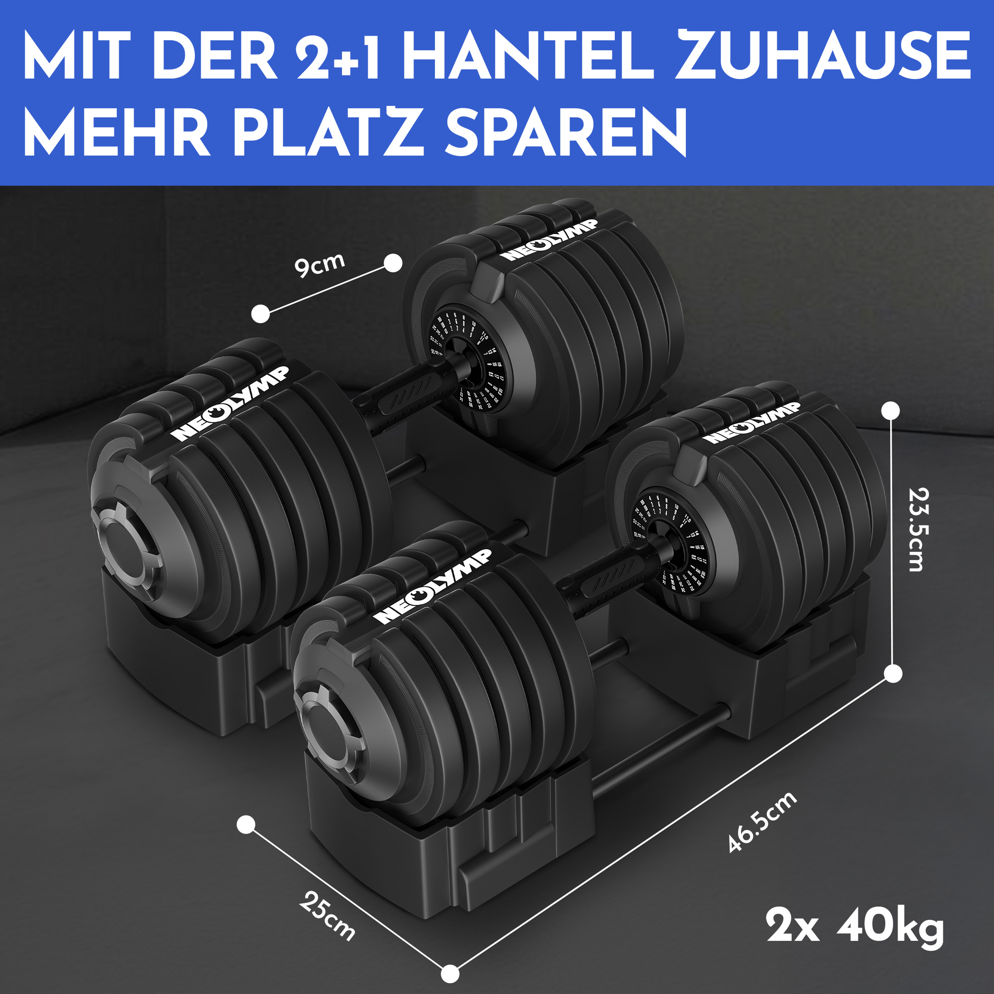 Zwei verstellbare Hanteln mit Gewichten und Maßen auf schwarzem Hintergrund.
