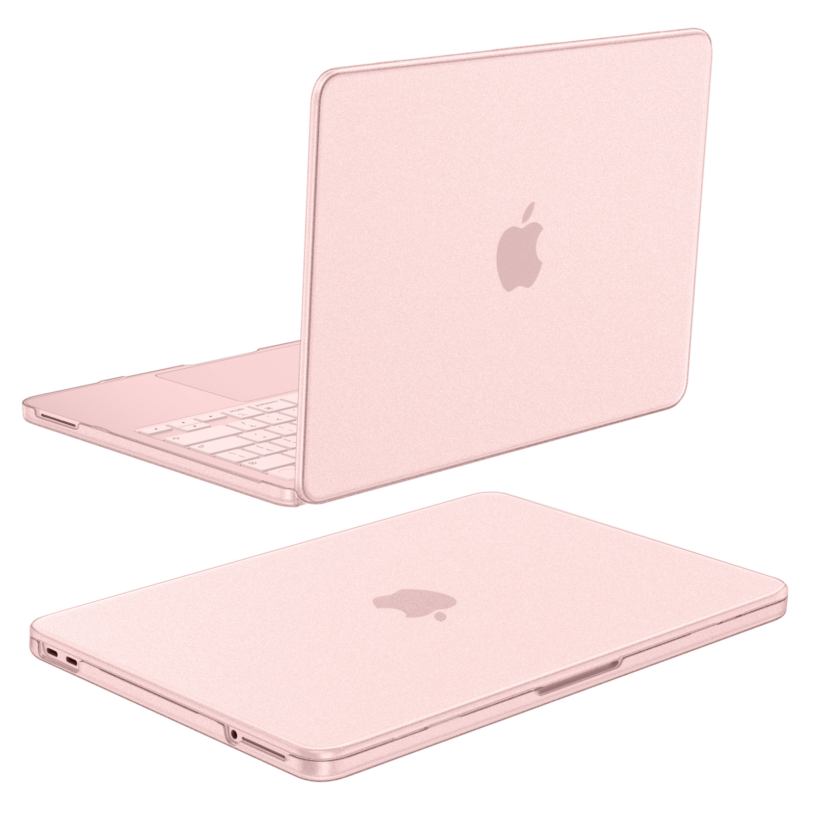 Ein rosafarbener Laptop, aufgeschlagen und geschlossen, mit Apple-Logo.