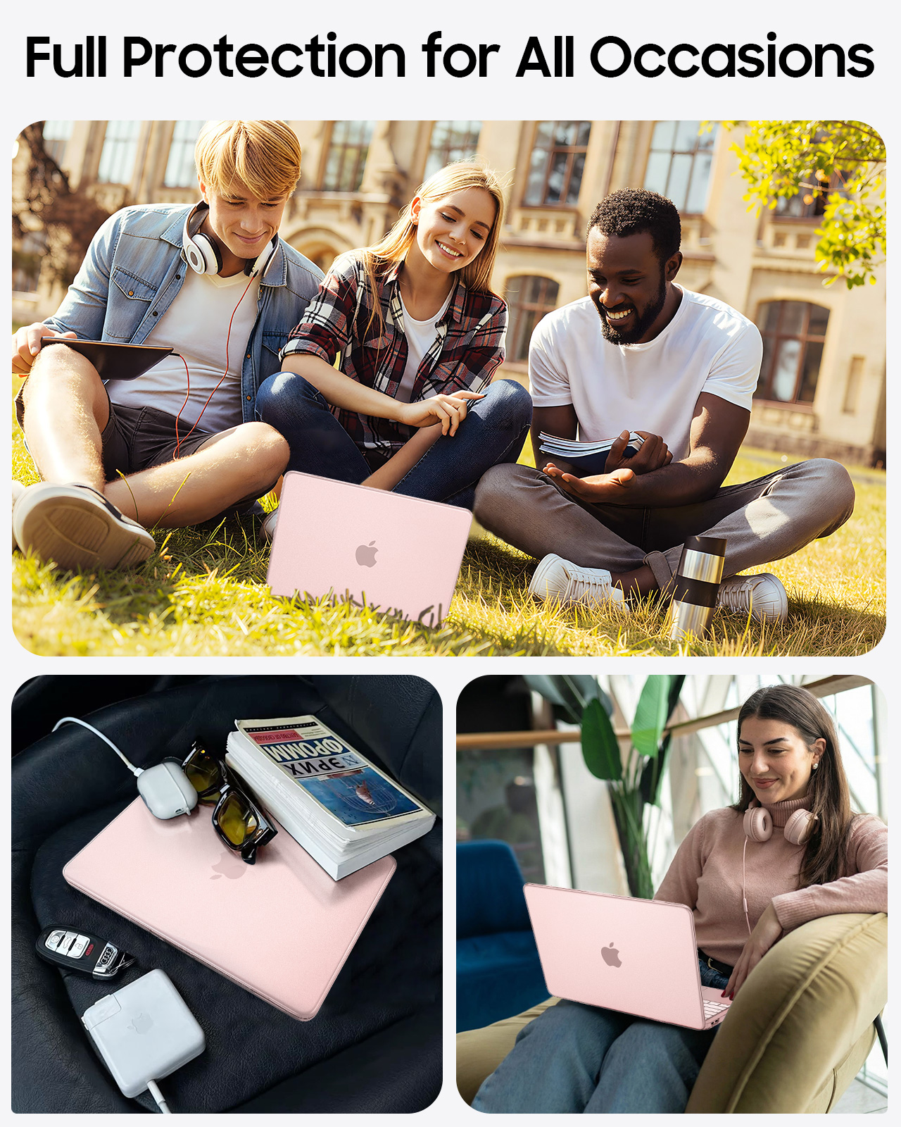 Drei junge Leute sitzen draußen auf Gras mit einem rosafarbenen Laptop.