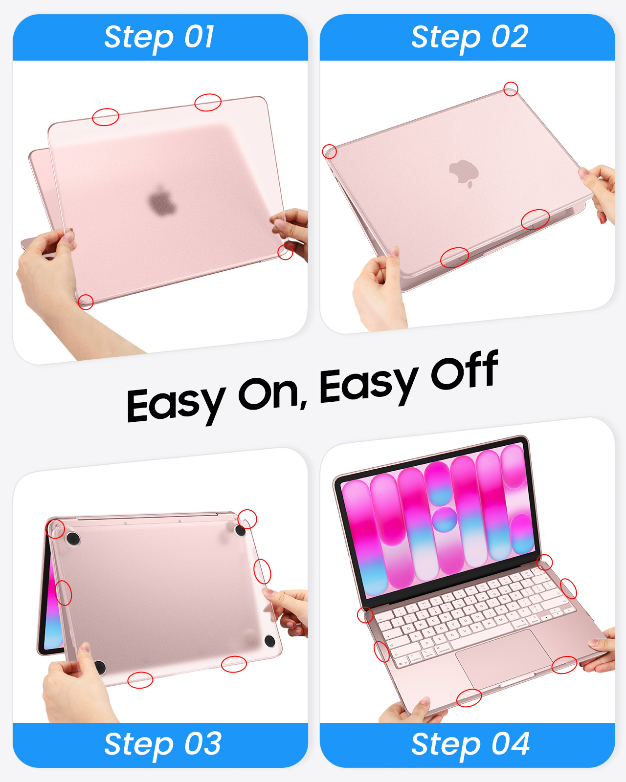 Schritte 1-4 zeigen, wie man eine roségoldene Laptop-Hülle anbringt. Klare Hülle auf roségoldenem Laptop.