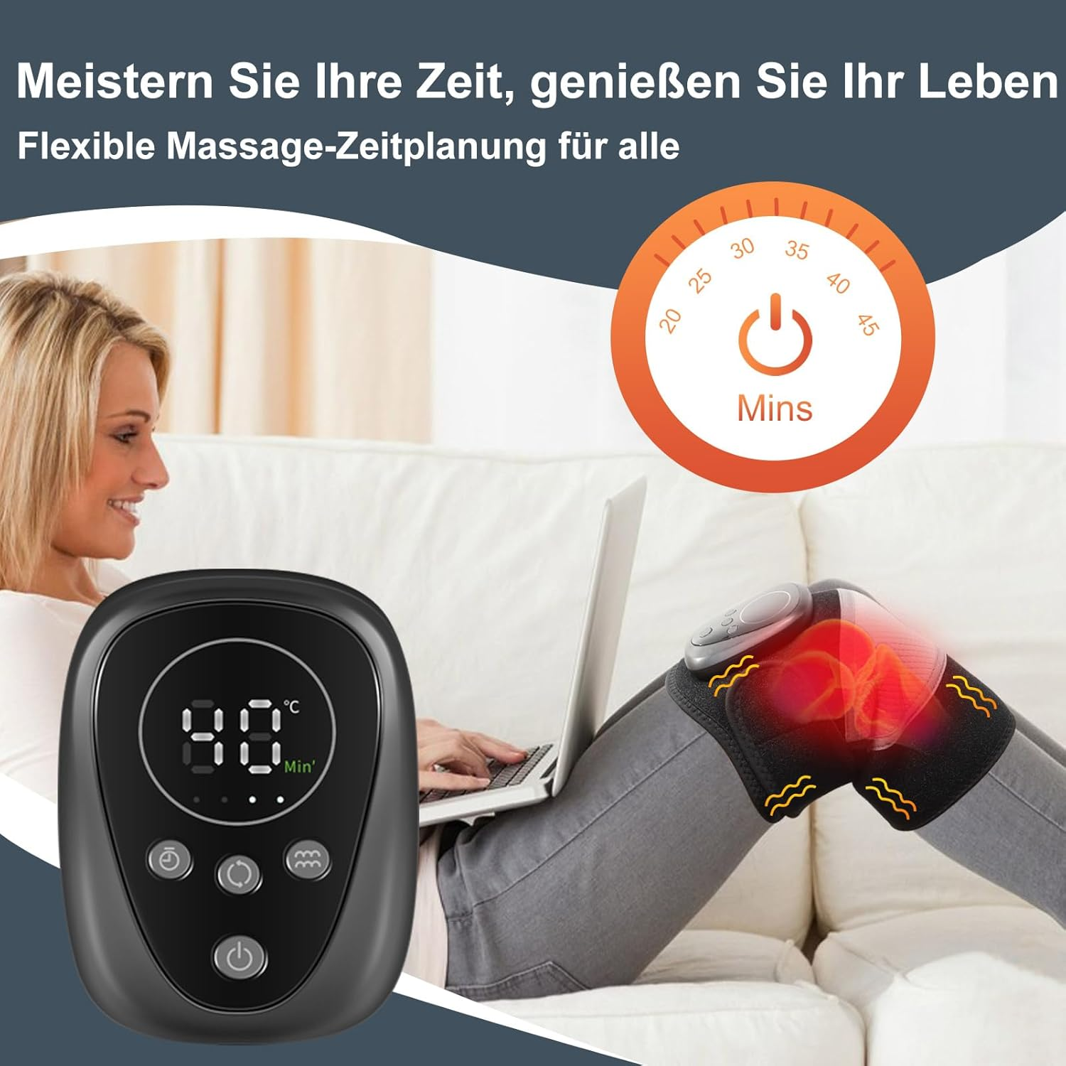 Frau mit Knieheizung und Steuergerät, das einen Timer anzeigt.