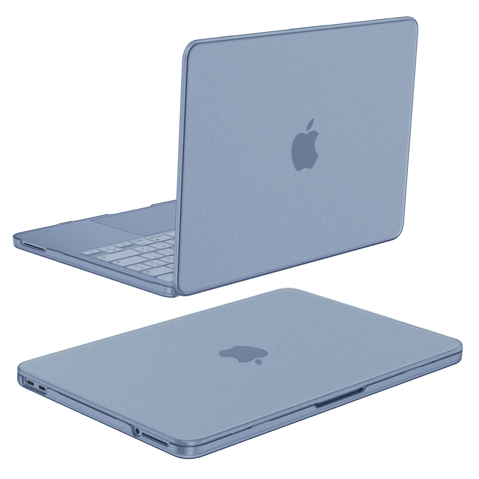 Ein blauer Laptop mit aufgestelltem Bildschirm und Tastatur. Unten ein geschlossener Laptop.