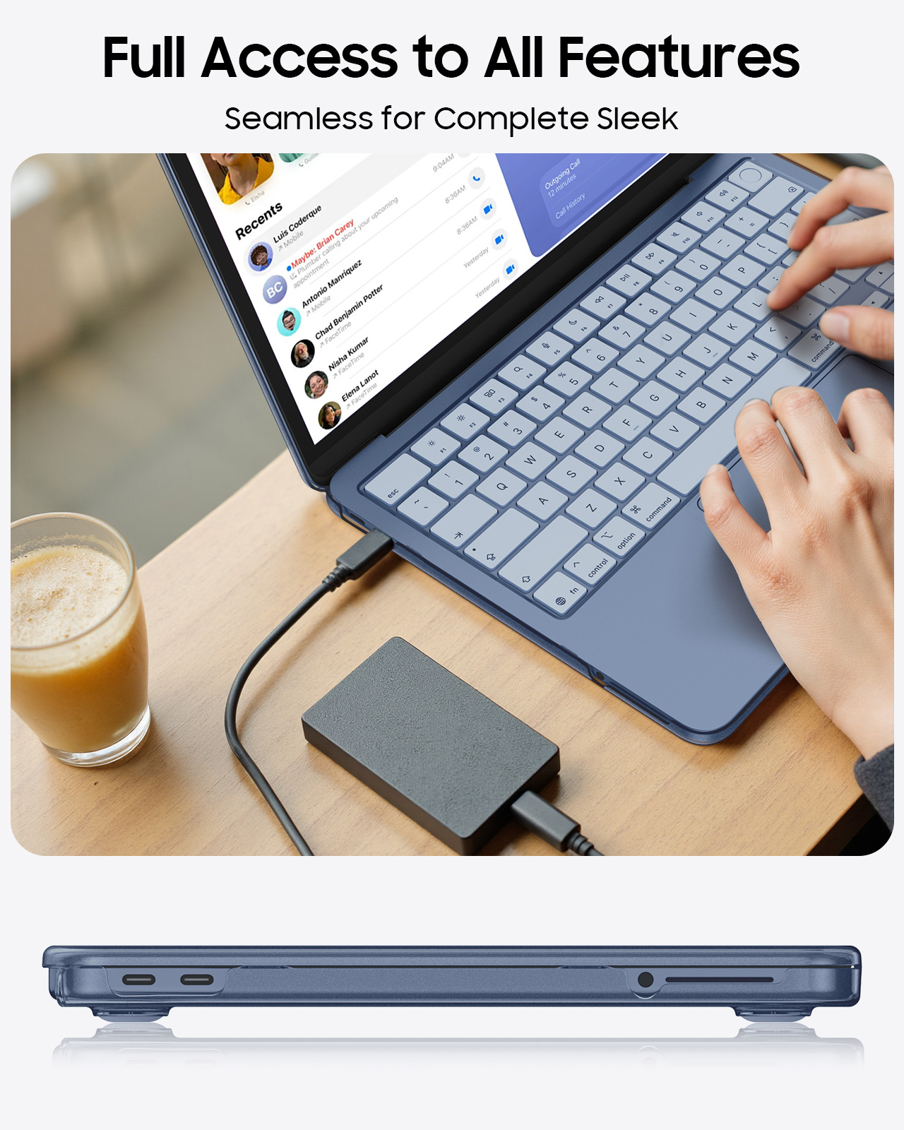 Eine blaue Laptoptasche mit einem externen Laufwerk, das angeschlossen ist.