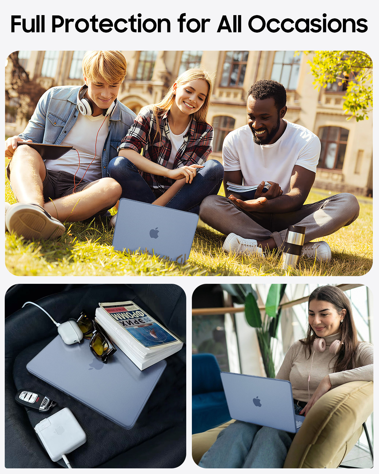 Drei Personen sitzen draußen mit Laptops. Ein Laptop auf dem Autositz. Eine Frau mit Laptop.