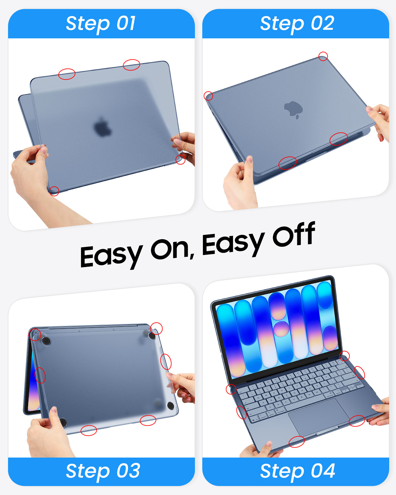 Anleitung zum Anbringen einer Laptop-Schutzhülle in vier Schritten.