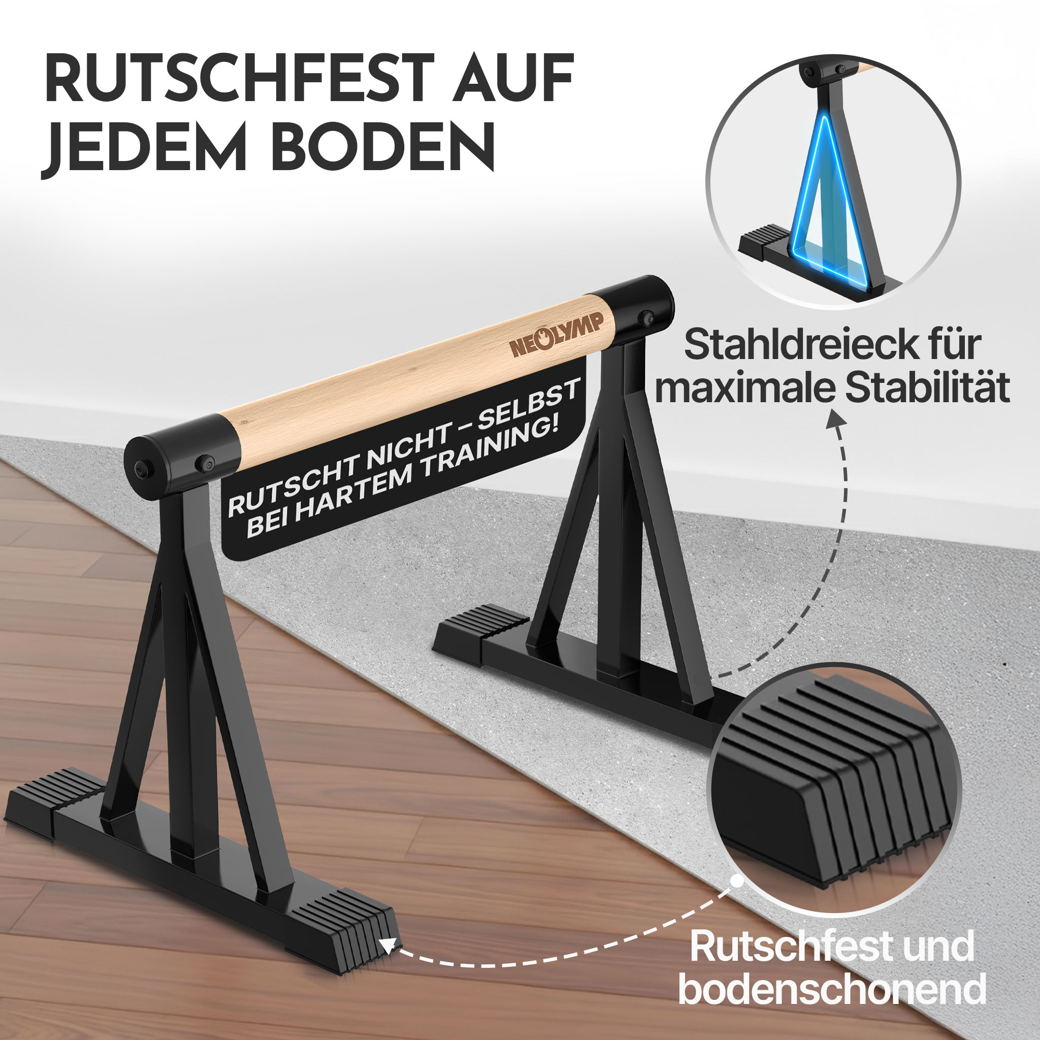 Ein Trainingsgerät mit Holzgriff und schwarzem Stahlgestell, rutschfest auf Böden.