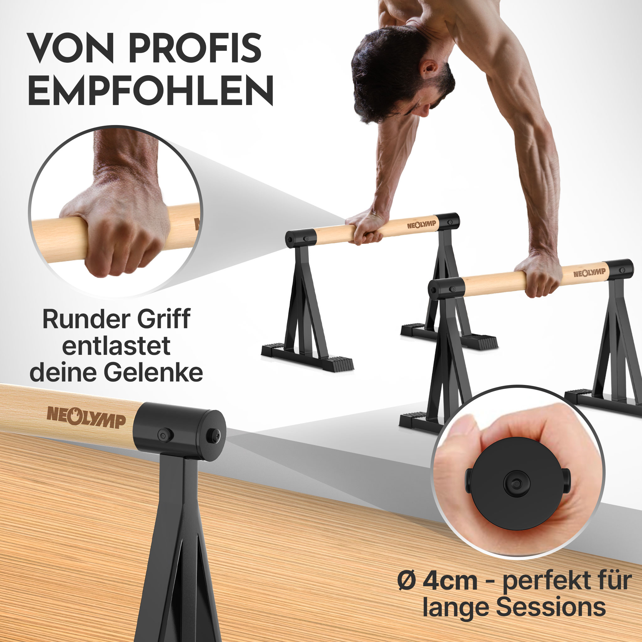 Mann macht Liegestütze auf Parallelbarren mit Holzgriffen.