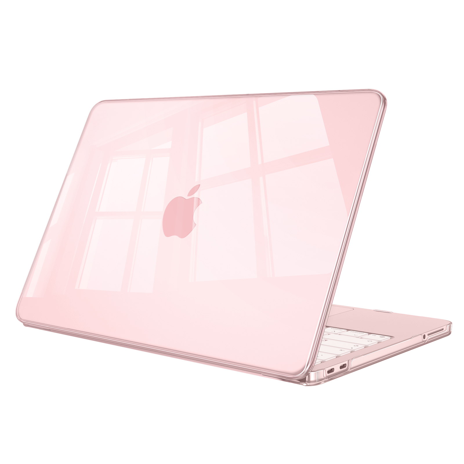 Ein geschlossenes, roségoldenes MacBook mit Apple-Logo auf weißem Grund.