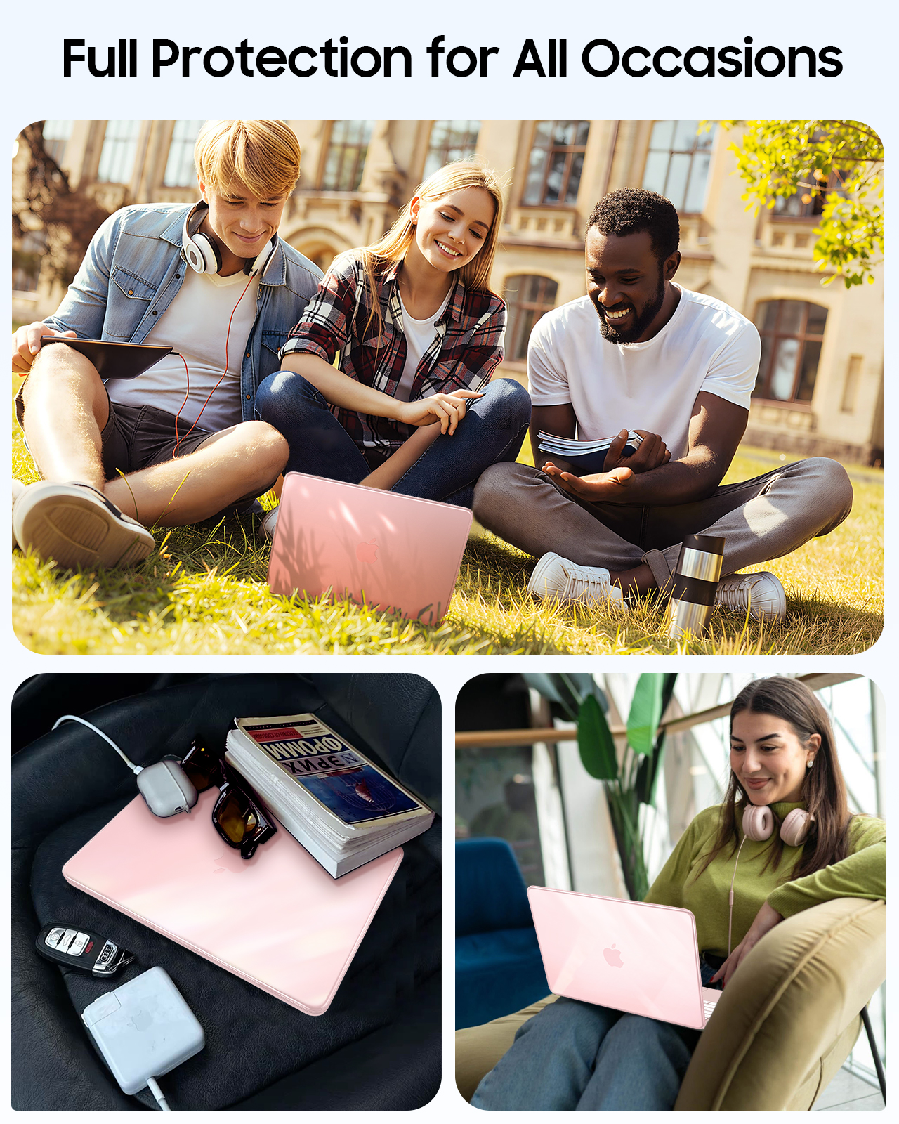Drei Bilder zeigen rosa Apple Laptop Hüllen in Gebrauch. Studenten auf Gras, Gegenstände im Auto, Frau auf Couch.