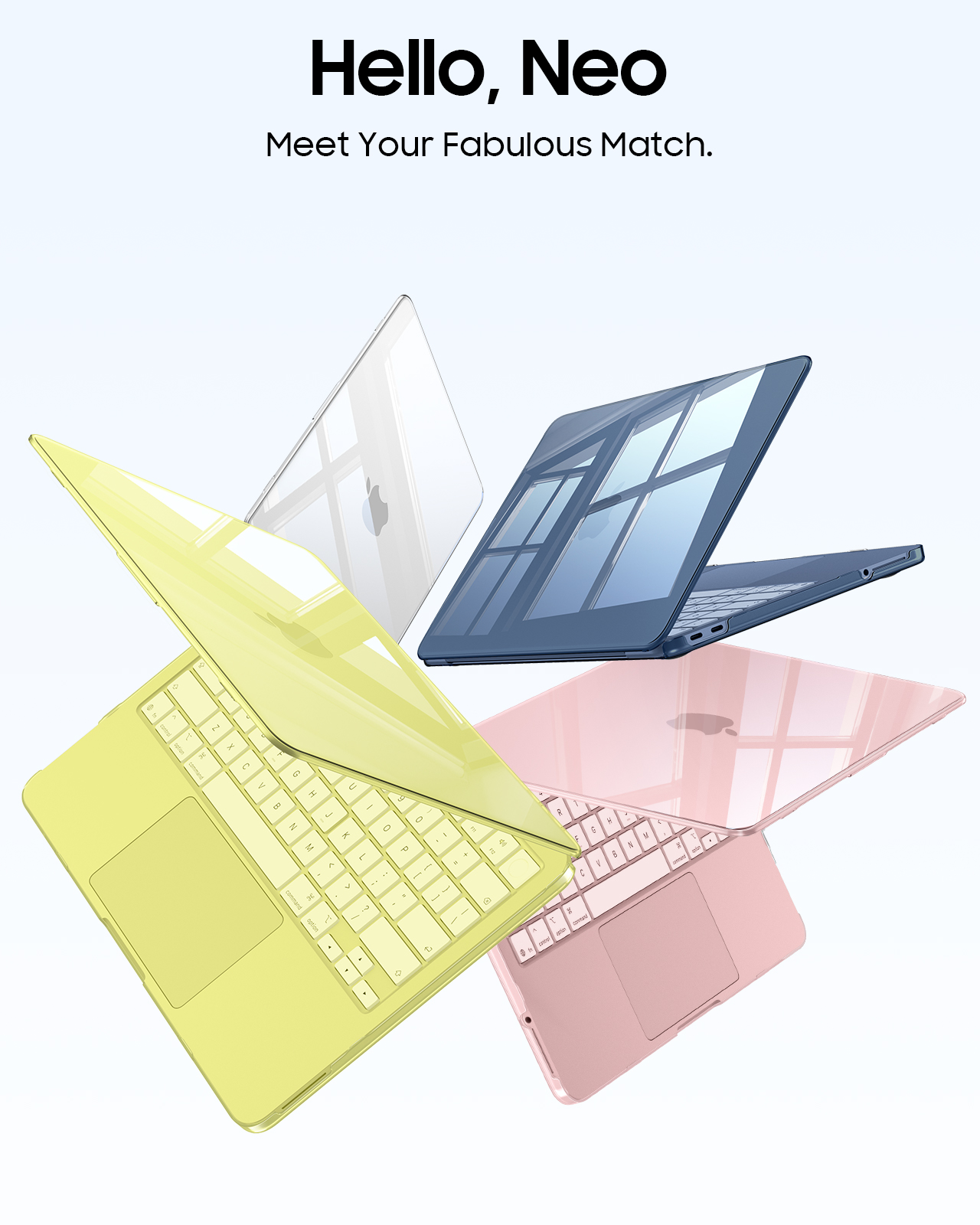 Drei Laptops in Gelb, Rosa und Blau fliegen auf weißem Hintergrund.