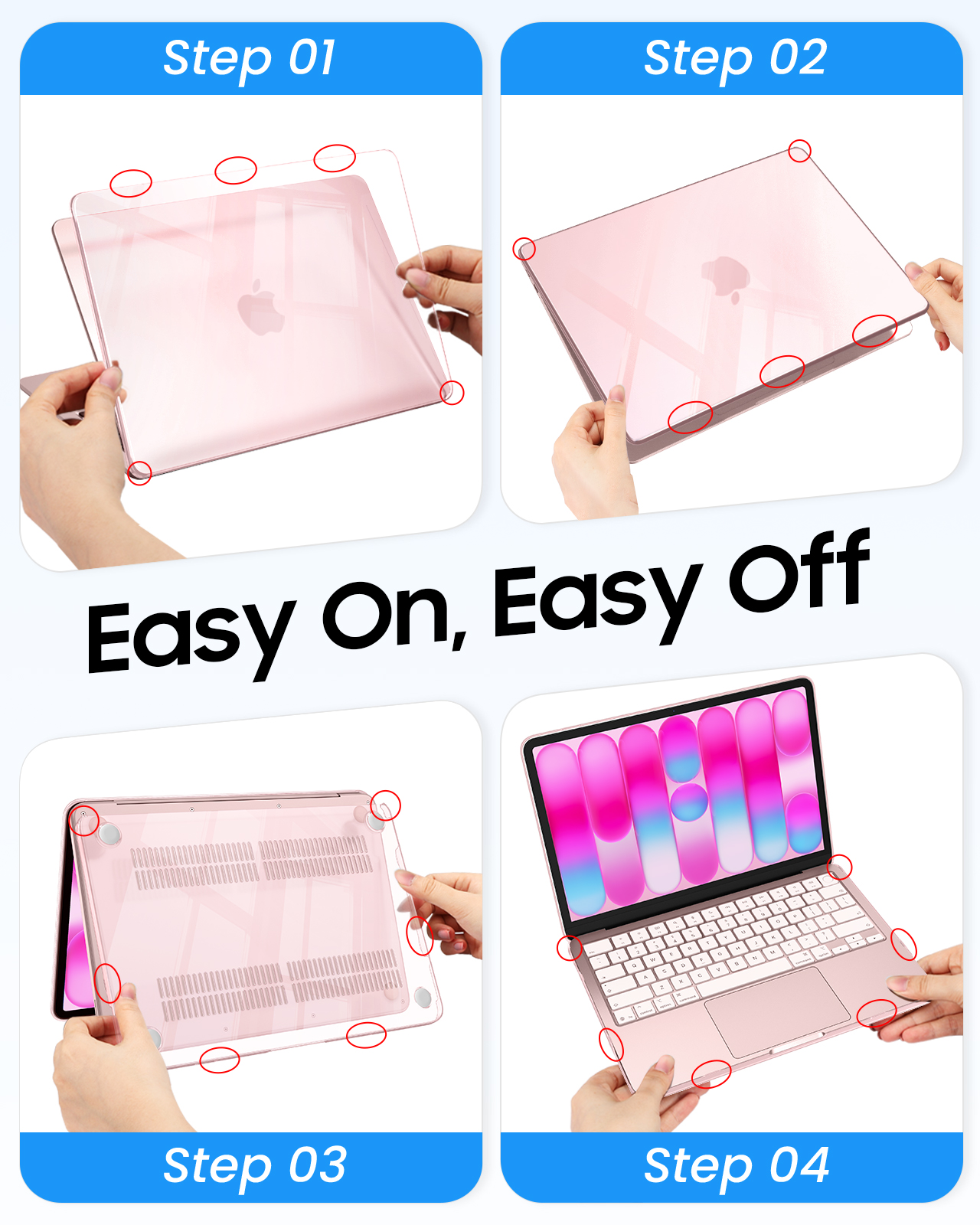 Schritte zum Anbringen einer roségoldenen Laptop-Hülle: Ausrichten, Anbringen, Sichern und Platzieren.