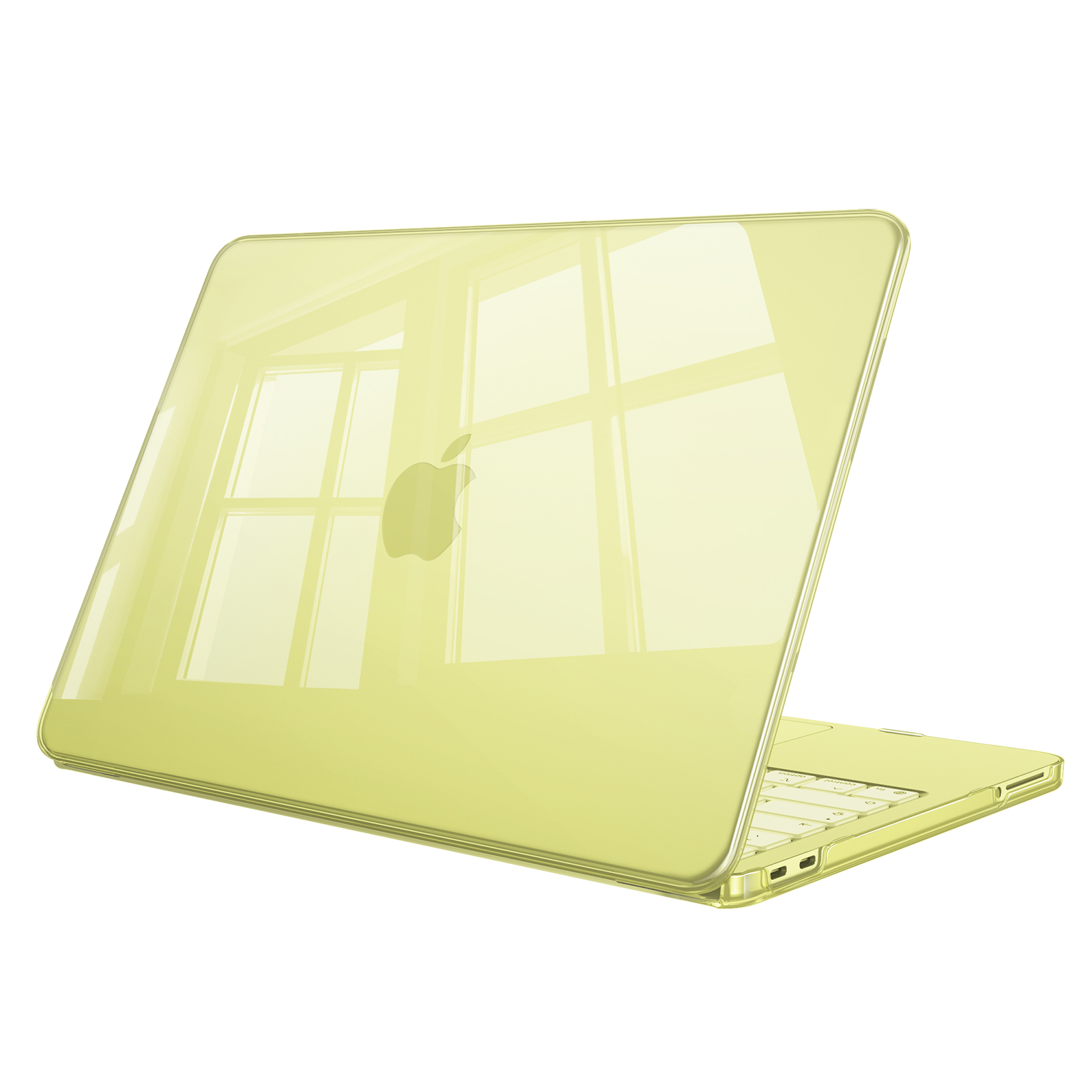 Ein hellgelber Laptop-Schutz mit Apple-Logo, isoliert auf weißem Hintergrund.