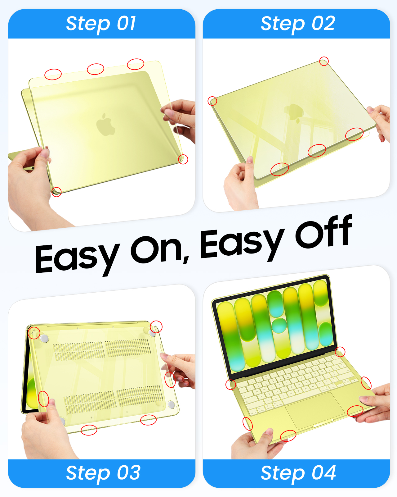 Schritt-für-Schritt-Anleitung zum Anbringen einer durchsichtigen Hülle an einem MacBook.