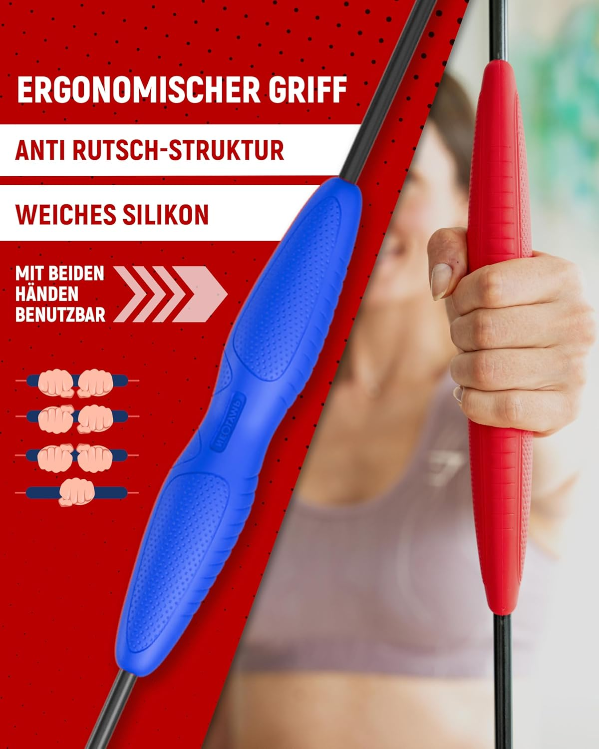 Ergonomischer Griff, rot und blau, mit Text und Grafiken.
