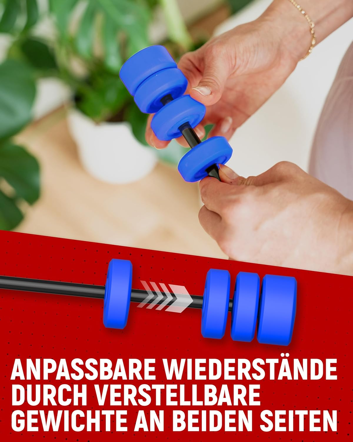 Frau passt Gewichtsstange mit blauen Gewichten an. Indoor-Pflanze im Hintergrund.