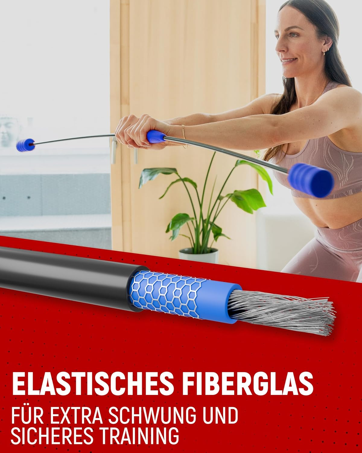 Frau trainiert mit Fitnessstab, Nahaufnahme des flexiblen Kerns.
