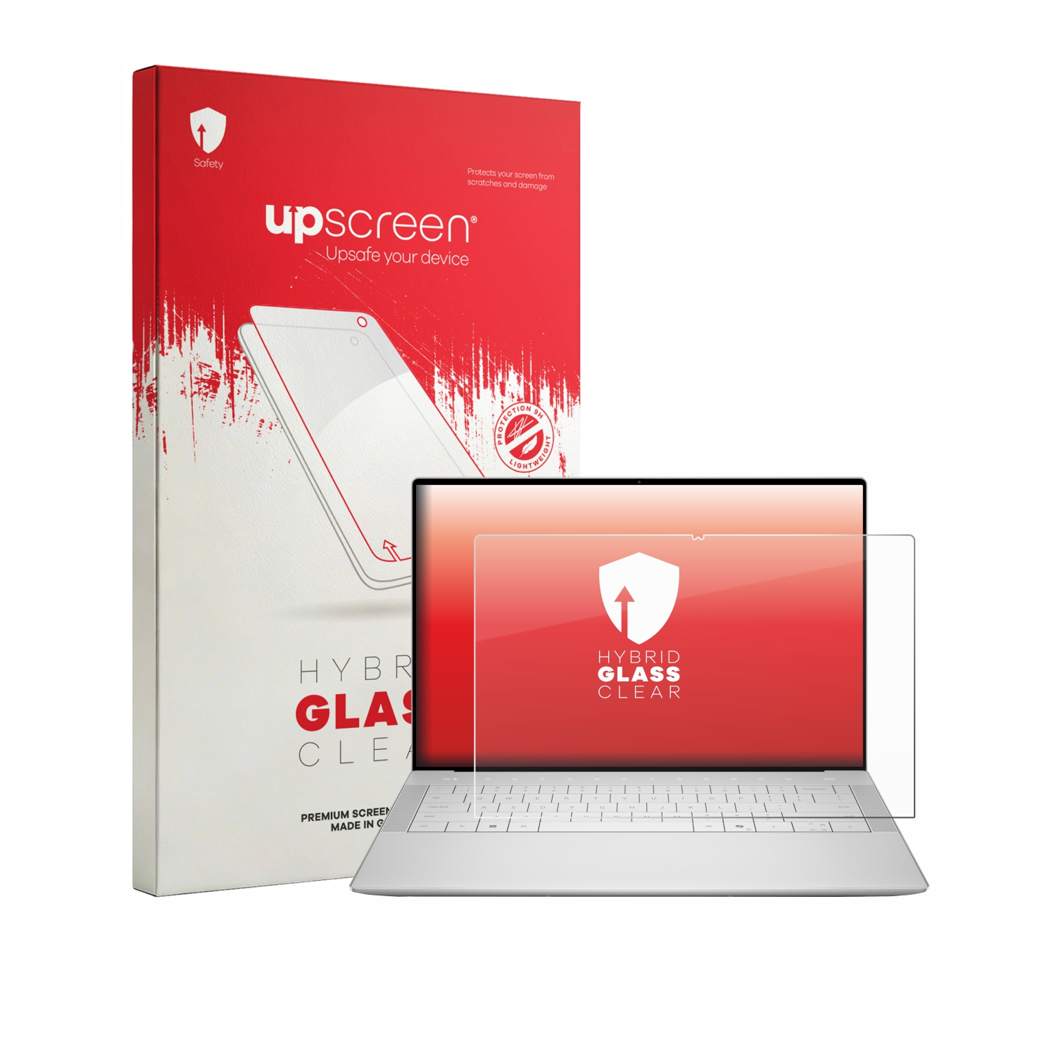 Rote Box für upscreen Hybridglas Klarsichtschutz neben einem silbernen Laptop mit Displayschutzfolie.
