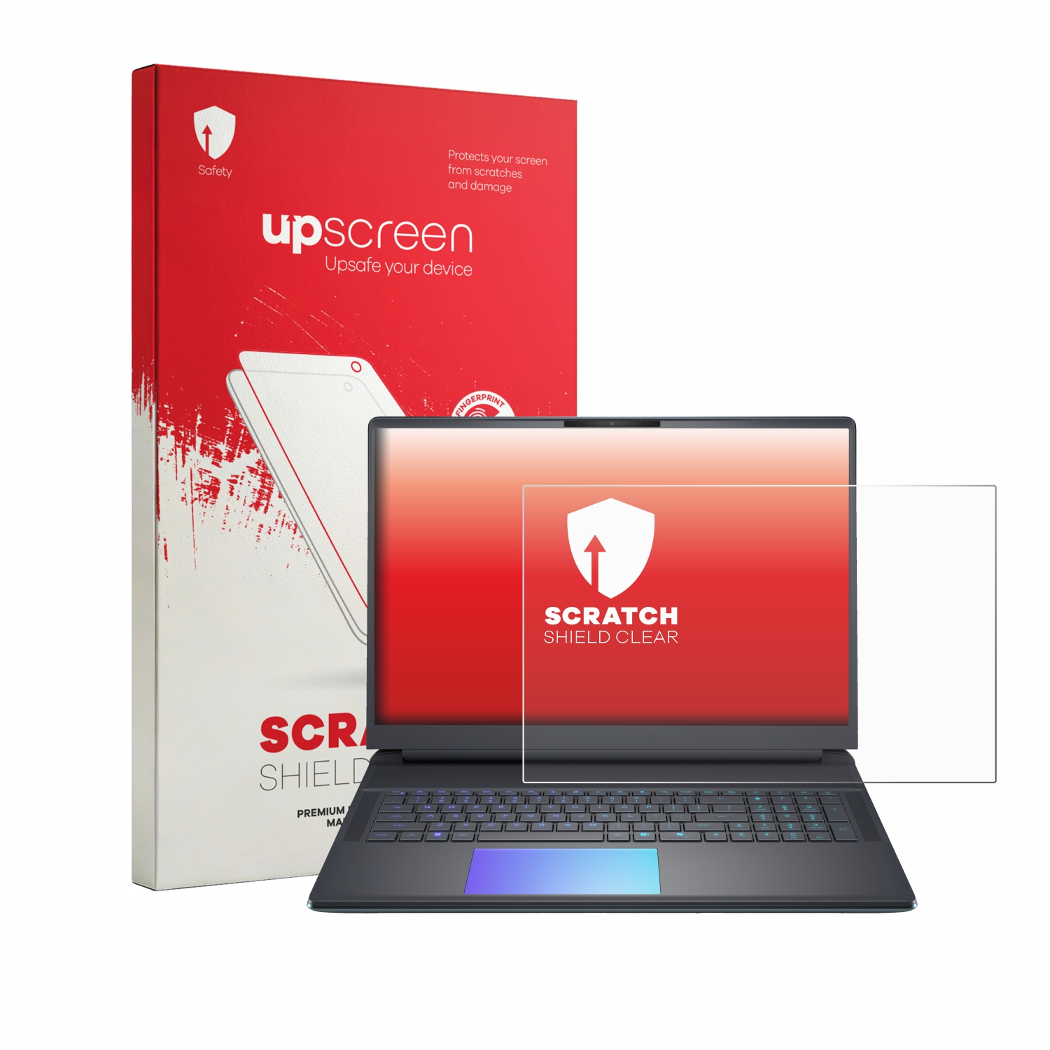Ein Laptop mit einer Bildschirmschutzfolie daneben und einer roten Verpackung.