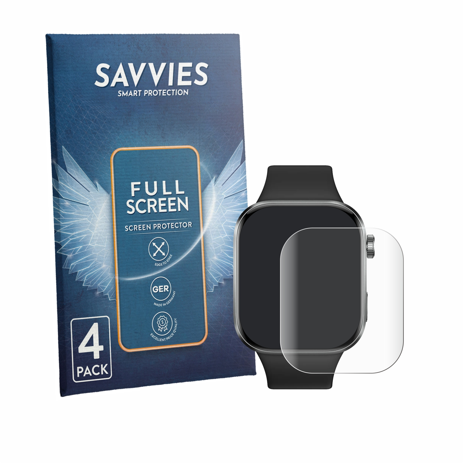 Savvies Vollbildschirmschutz-Pack neben einer Smartwatch mit Displayschutzfolie.