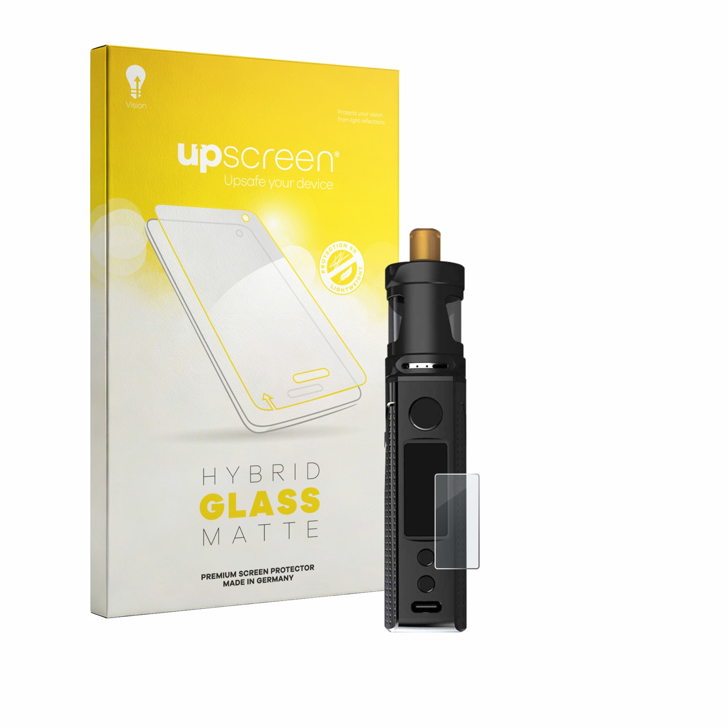 Eine gelbe Verpackung für einen Displayschutz und ein schwarzes Vape-Gerät.