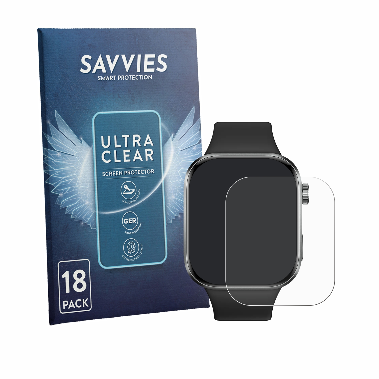 Savvies Smart Protection Ultra Clear Displayschutzfolien-Packung mit 18 Stück neben einer Smartwatch.